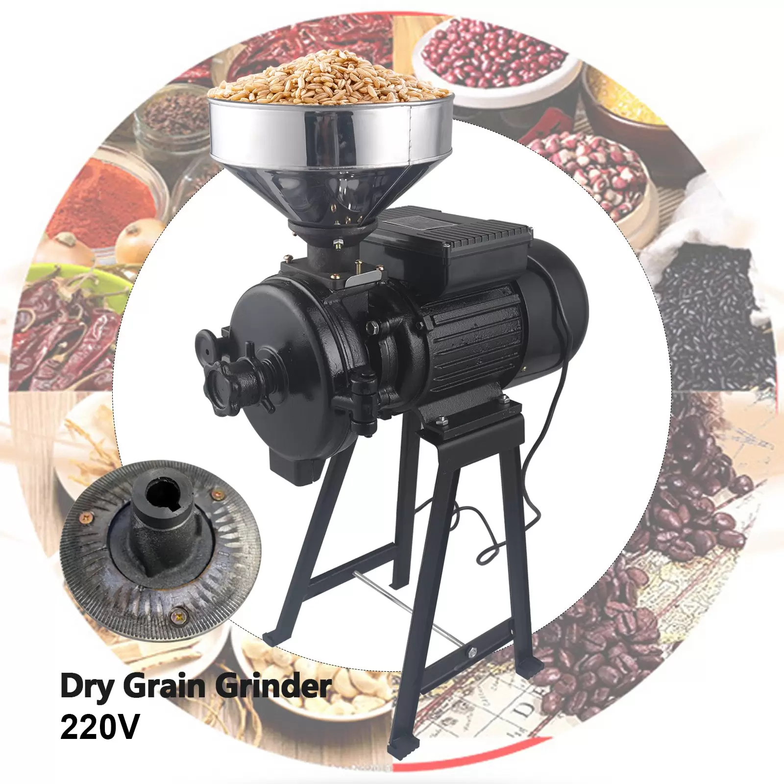Getreidemühle Elektrisch  Trockenkorn Weizenmühle Schrotmühle Kaffeemühle, 1500W, 1400R / min, Stufenlos verstellbarer Mahlgrad