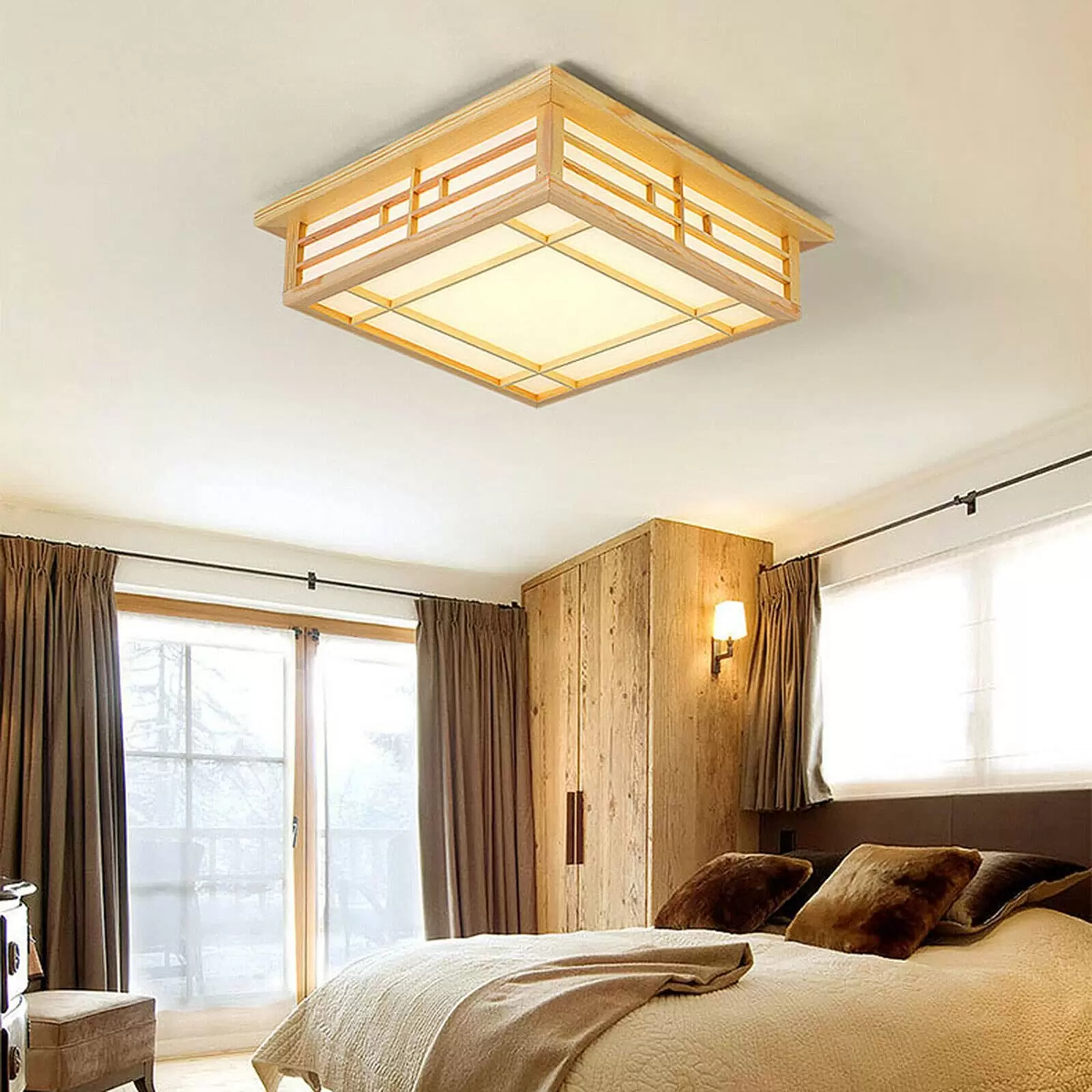 LED Deckenleuchte Massivholz Feuerbeständig Japanisch Tatami Licht(45*45cm, Nur Warmes Licht)