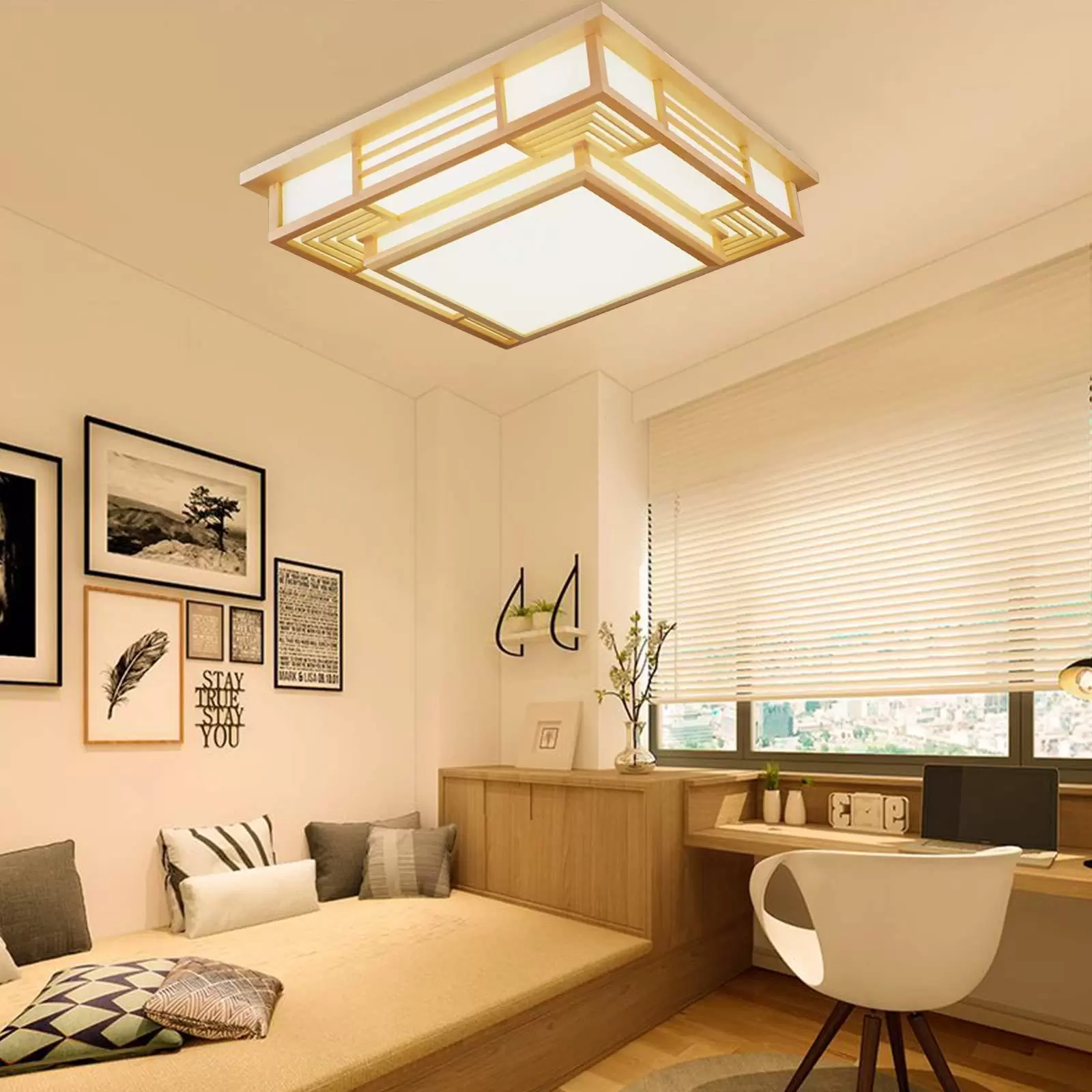 Massivholz Feuerbeständig Japanisch Tatami Licht Modern Deckenlampe PVC-Imitat-Schafsleder