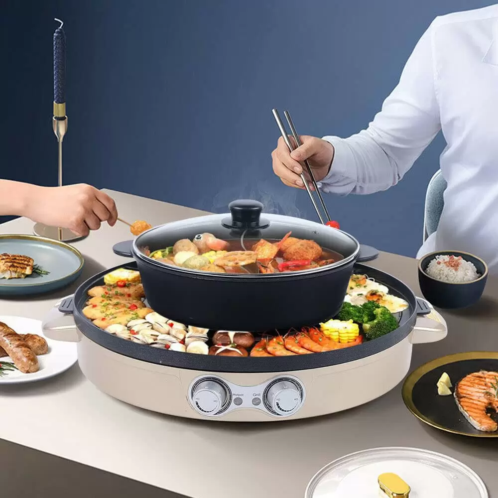 2in1 Elektrische Hot Pots+Grillpfanne Multifunktions Grillplatte Heißen Topf Antihaft Mandarinente Topf
