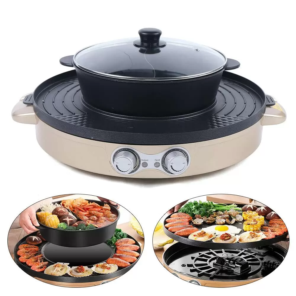 2in1 Elektrische Hot Pots+Grillpfanne Multifunktions Grillplatte Heißen Topf Antihaft Mandarinente Topf