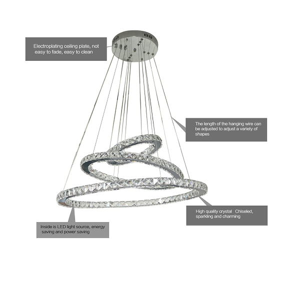 Kristall Hängelampe 3 Ringe LED Pendelleuchte Höhenverstellbar Hängelampe