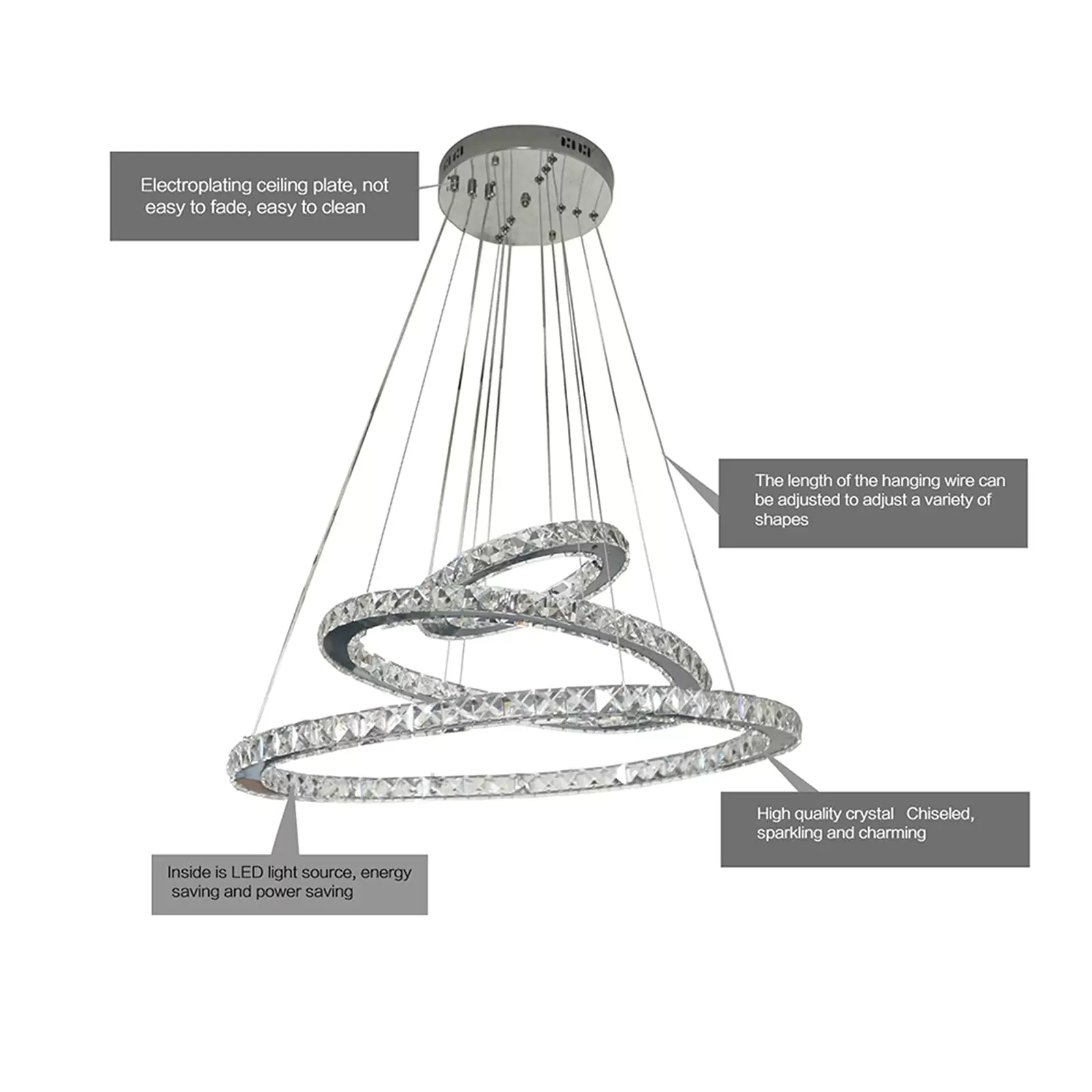 Kristall Hängelampe 3 Ringe LED Pendelleuchte Höhenverstellbar Hängelampe