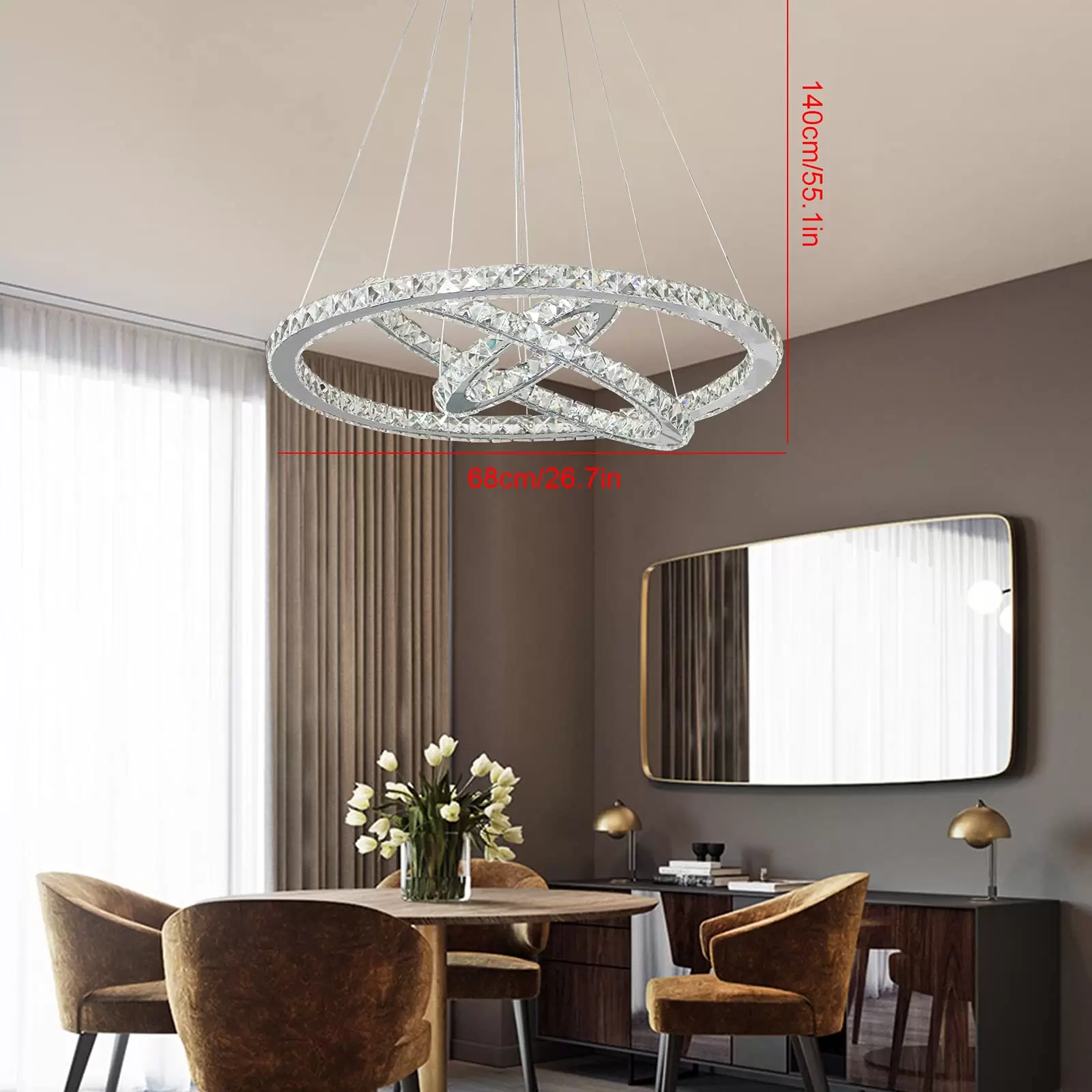 Kristall Hängelampe 3 Ringe LED Pendelleuchte Höhenverstellbar Hängelampe