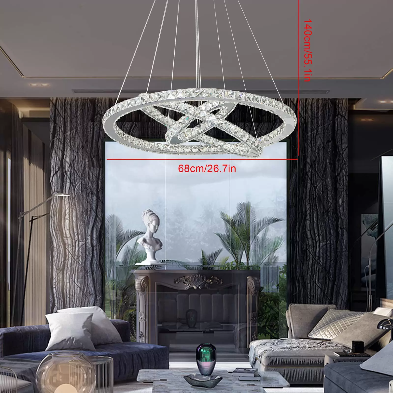 Kristall Hängelampe 3 Ringe LED Pendelleuchte Höhenverstellbar Hängelampe