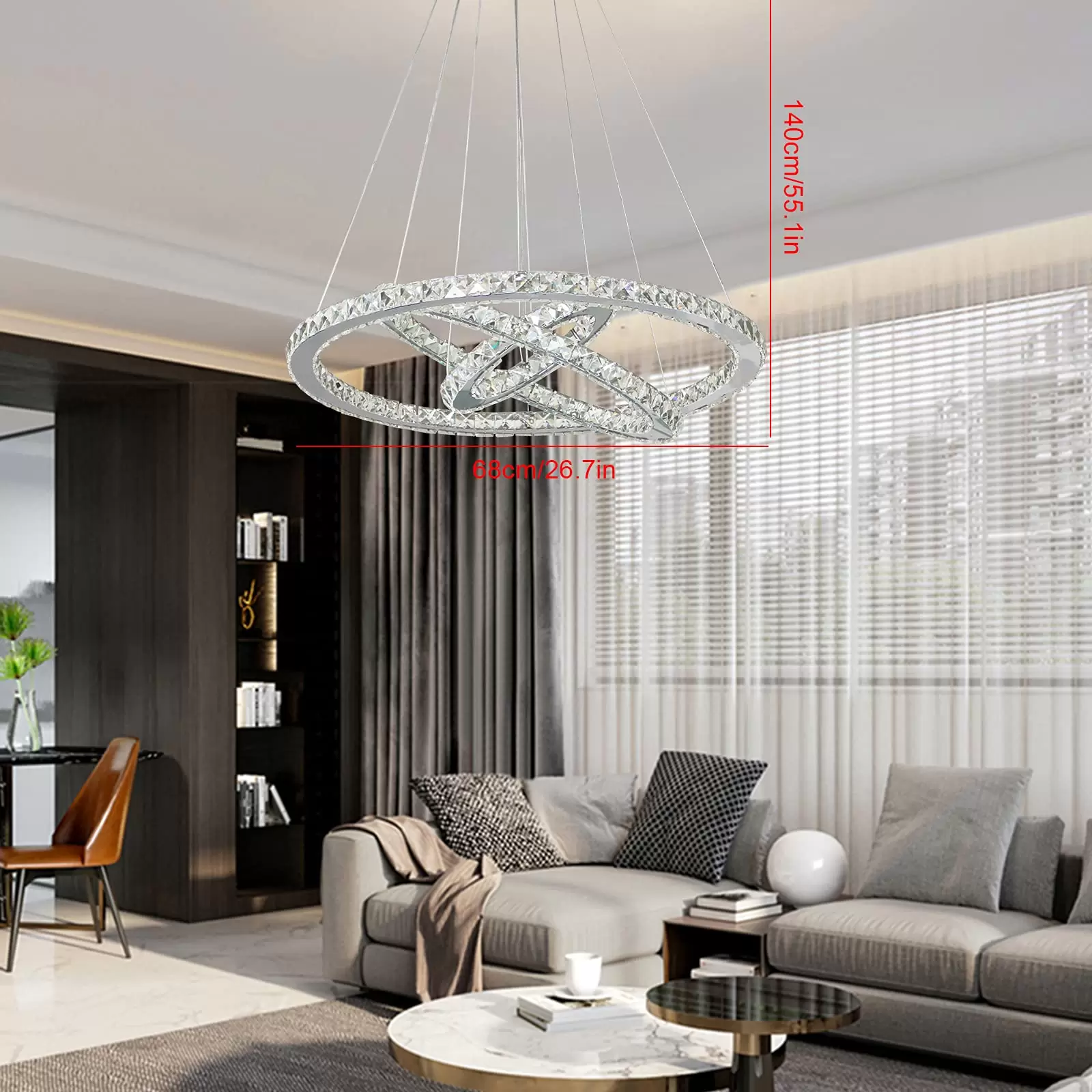 Kristall Hängelampe 3 Ringe LED Pendelleuchte Höhenverstellbar Hängelampe