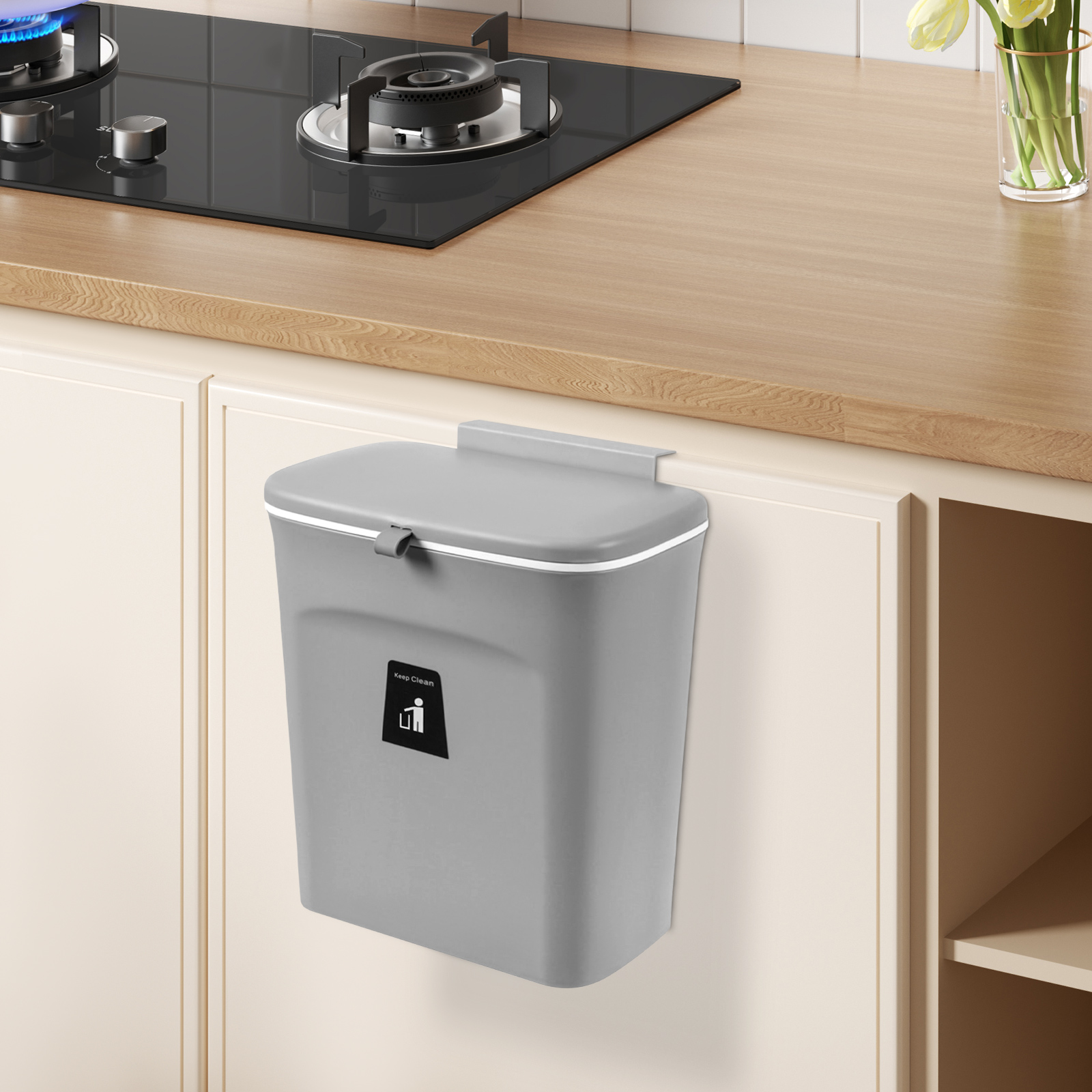 9L grijze vuilnisbak met schuifdeksel voor in de keuken, voor in de lade, de voorraadkast, de auto, de keuken, de badkamer, de slaapkamer en de woonkamer