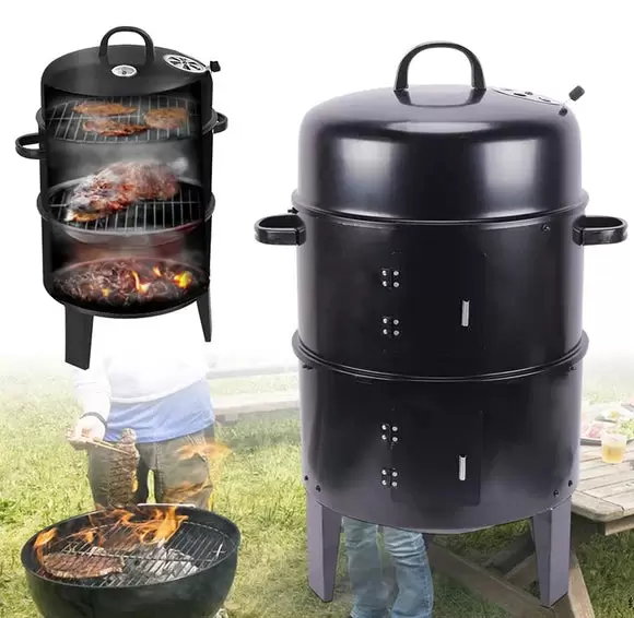 Multifunktionaler Räuchergrill 3in1 Geräucherter Grill Doppelschicht BBQ Holzkohlegrill w/Thermometer