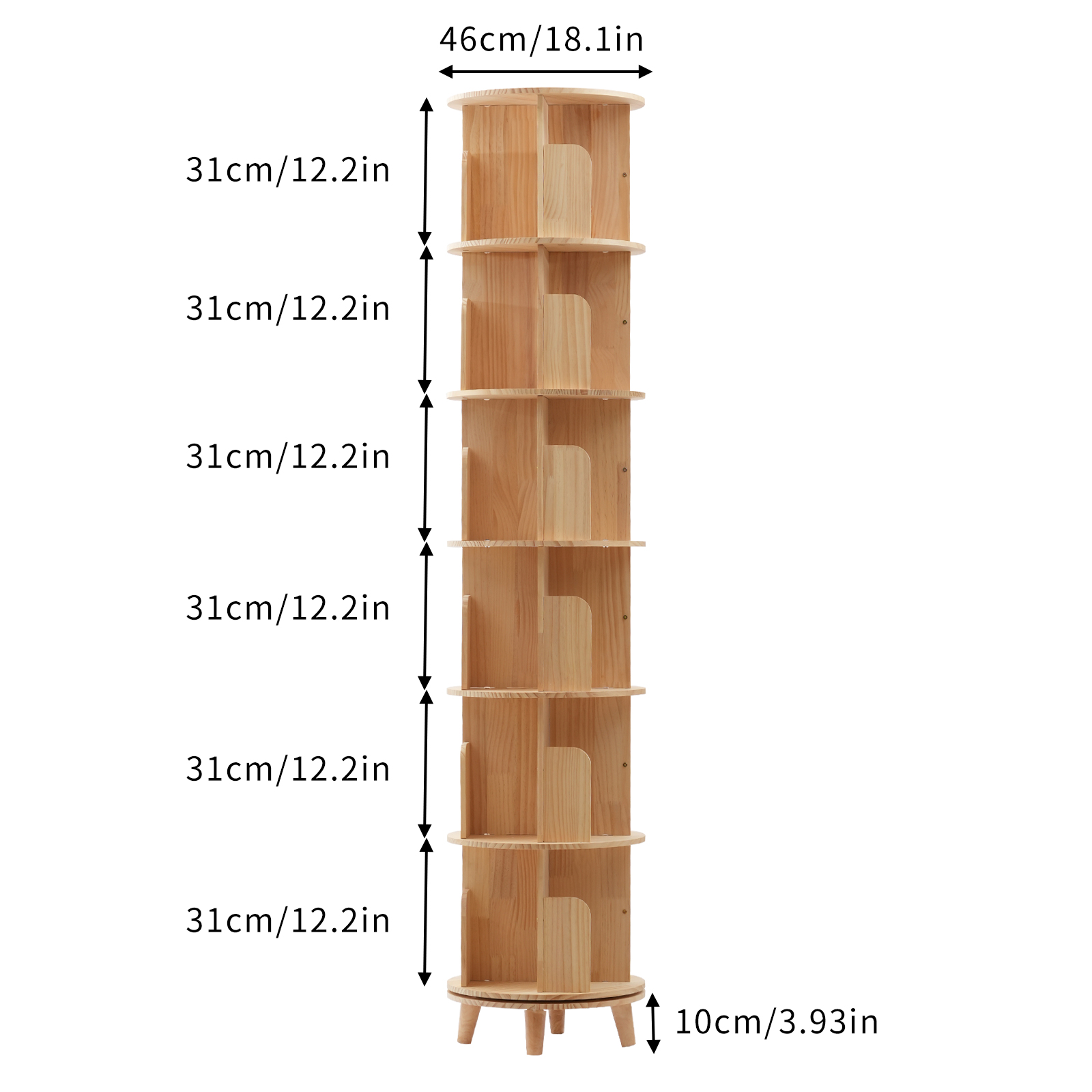Bodenstehendes, sechsschichtiges, drehbares Bücherregal aus Massivholz mit Beinen, sechsschichtig mit Beinen Bodenstehendes, sechsschichtiges, drehbares Bücherregal aus Massivholz mit Beinen, sechsschichtig mit Beinen
