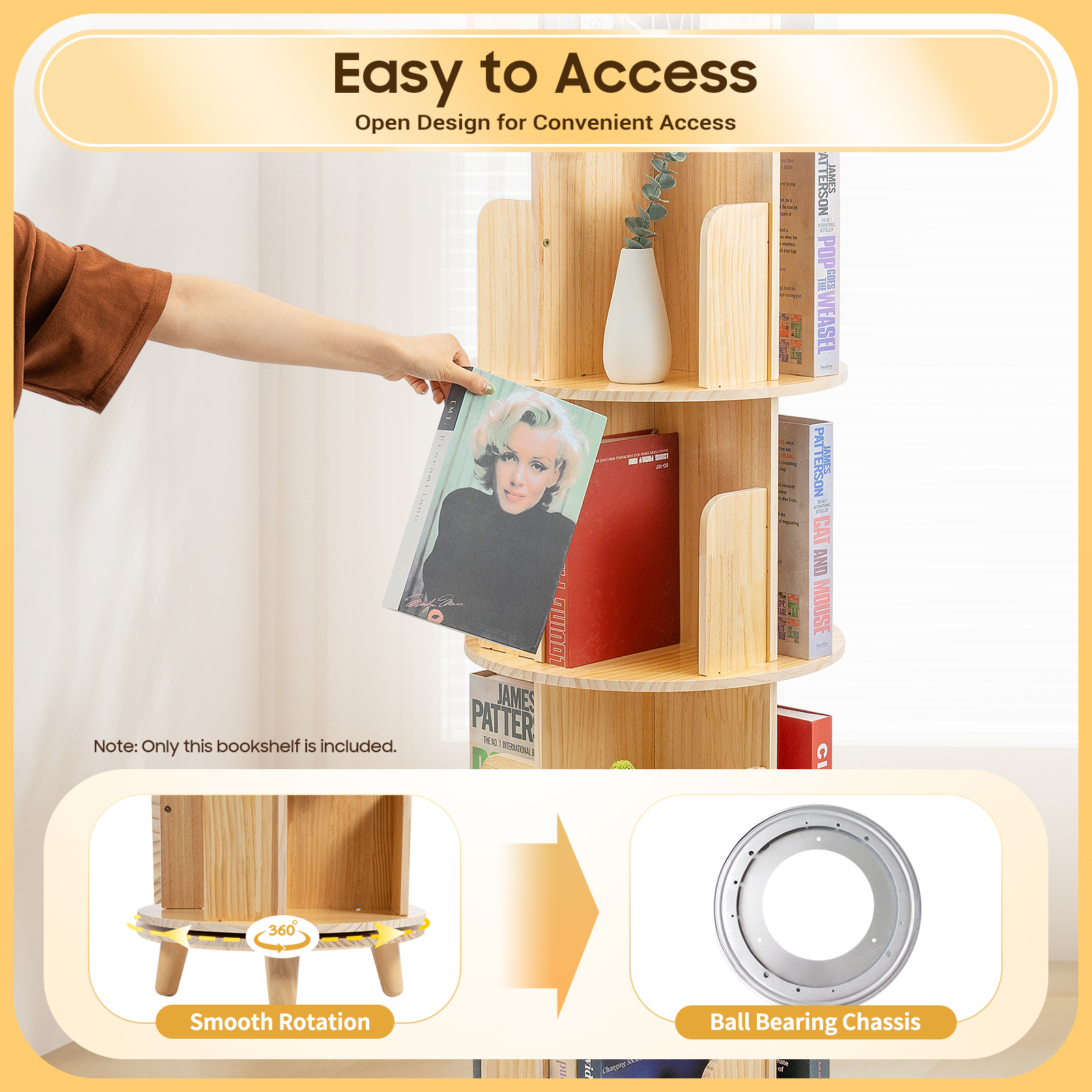 Bodenstehendes, sechsschichtiges, drehbares Bücherregal aus Massivholz mit Beinen, sechsschichtig mit Beinen Bodenstehendes, sechsschichtiges, drehbares Bücherregal aus Massivholz mit Beinen, sechsschichtig mit Beinen