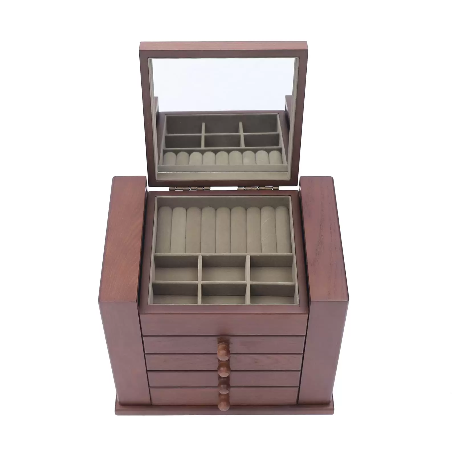 Schmuckkasten Holz Schmuckkästchen mit 5 Ebenen und Spiegel Schmuckaufbewahrung Braun Schmuckbox
