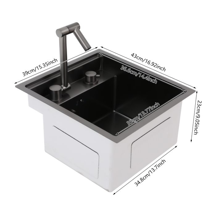 304 stainless steel embedded sink, nano coating, ceramic faucet, 39x43x23cm, black