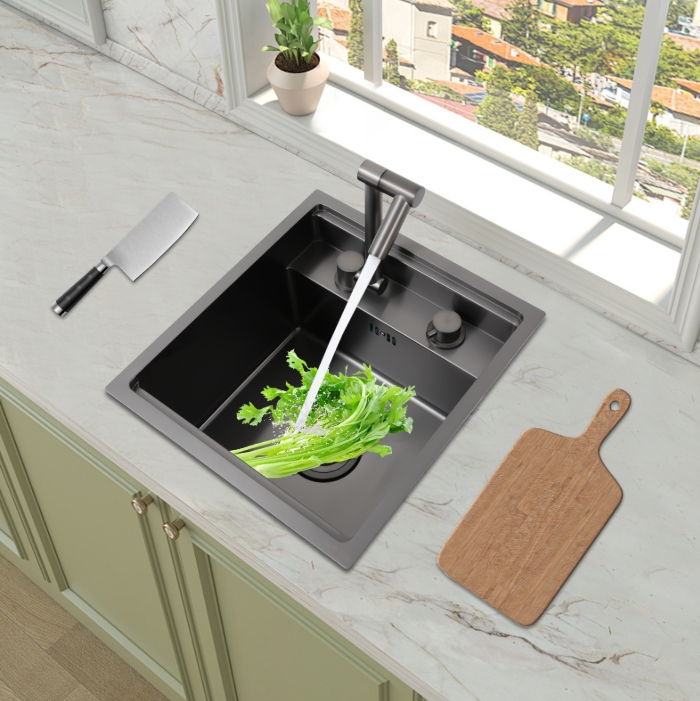 304 stainless steel embedded sink, nano coating, ceramic faucet, 39x43x23cm, black