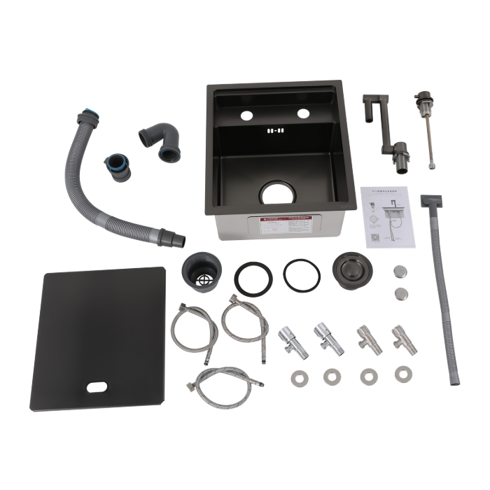 304 stainless steel embedded sink, nano coating, ceramic faucet, 39x43x23cm, black
