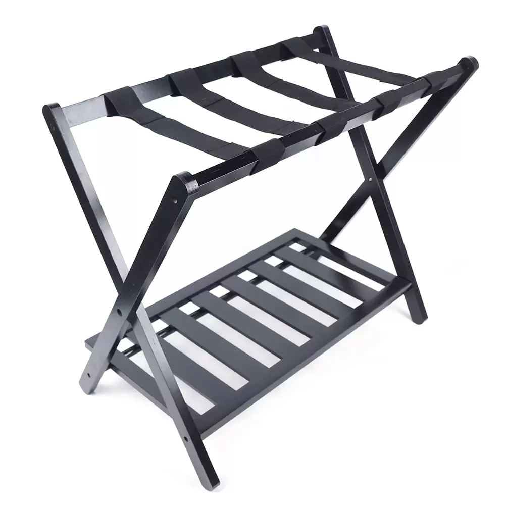 Doppelt faltbares Kofferregal, 69 x 35 x 57 cm, Aktenkofferregal, Schuhregal, Hotelregal, schwarzes Regal