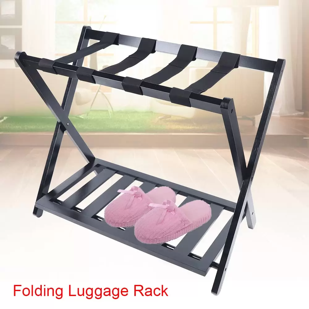 Doppelt faltbares Kofferregal, 69 x 35 x 57 cm, Aktenkofferregal, Schuhregal, Hotelregal, schwarzes Regal