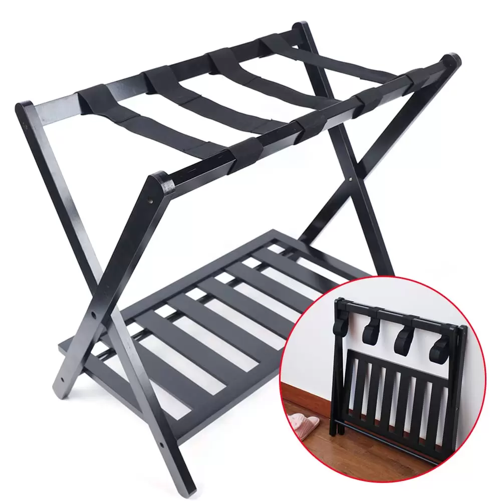 Doppelt faltbares Kofferregal, 69 x 35 x 57 cm, Aktenkofferregal, Schuhregal, Hotelregal, schwarzes Regal