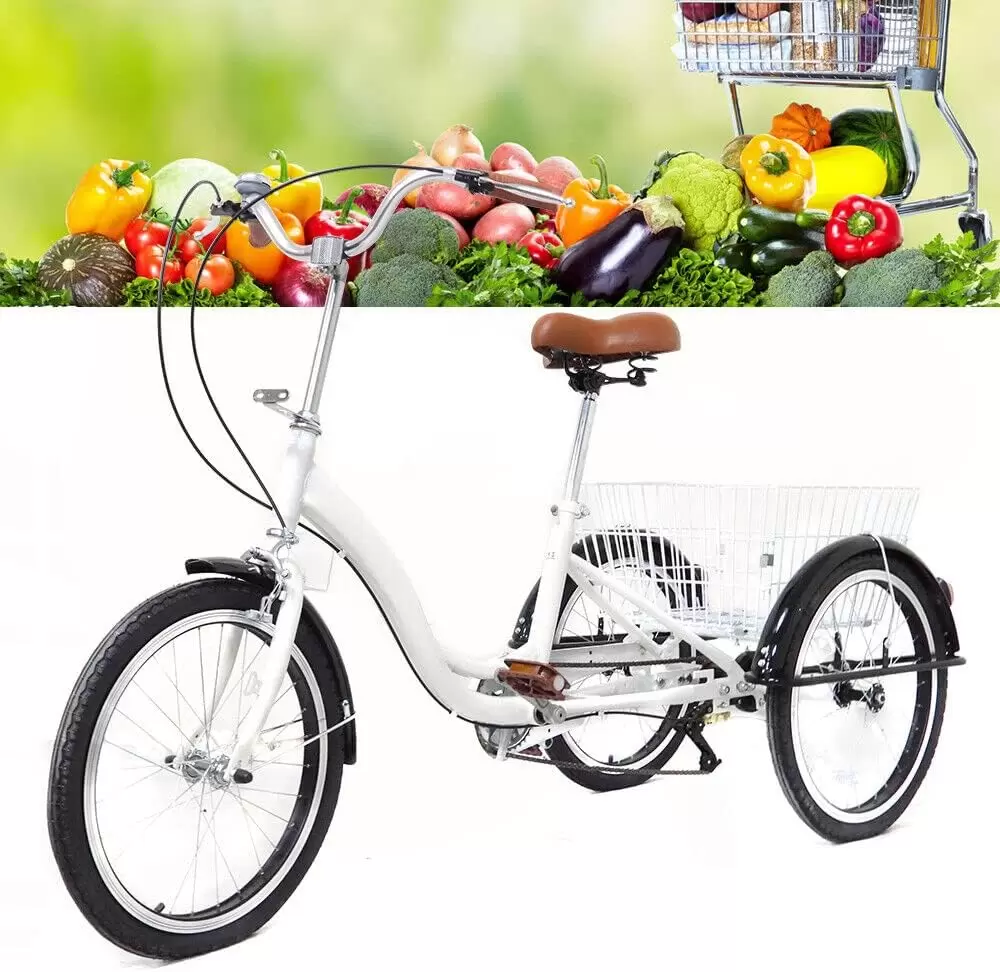 20 Zoll 3 Rad Single Speed Dreirad mit Einkaufskorb für Erwachsene und Senioren - Weiß