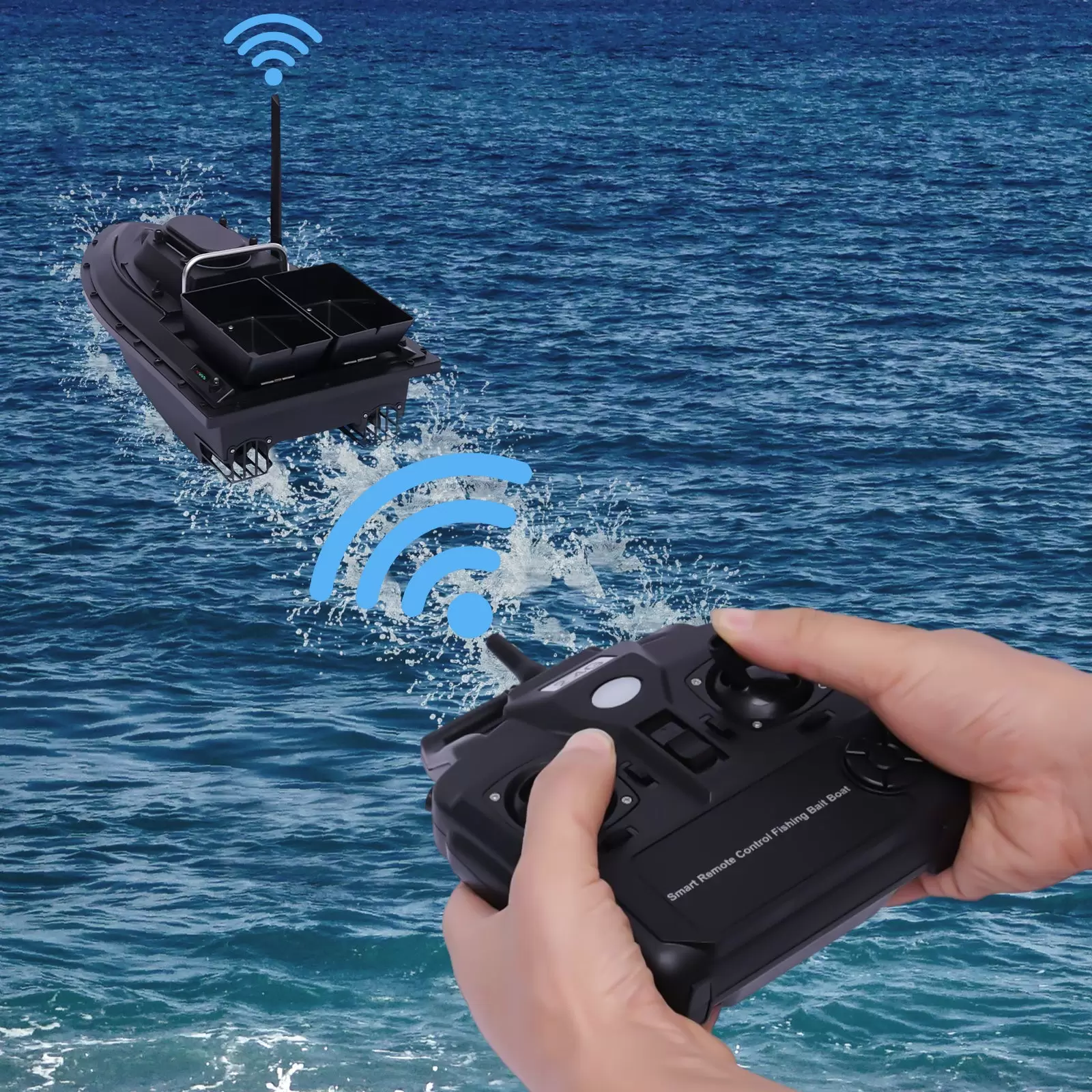 500m RC Fischerköderboot mit 2 Köderbehältern, Schwarz Futterboot mit Fernbedienung 5,4 km/h