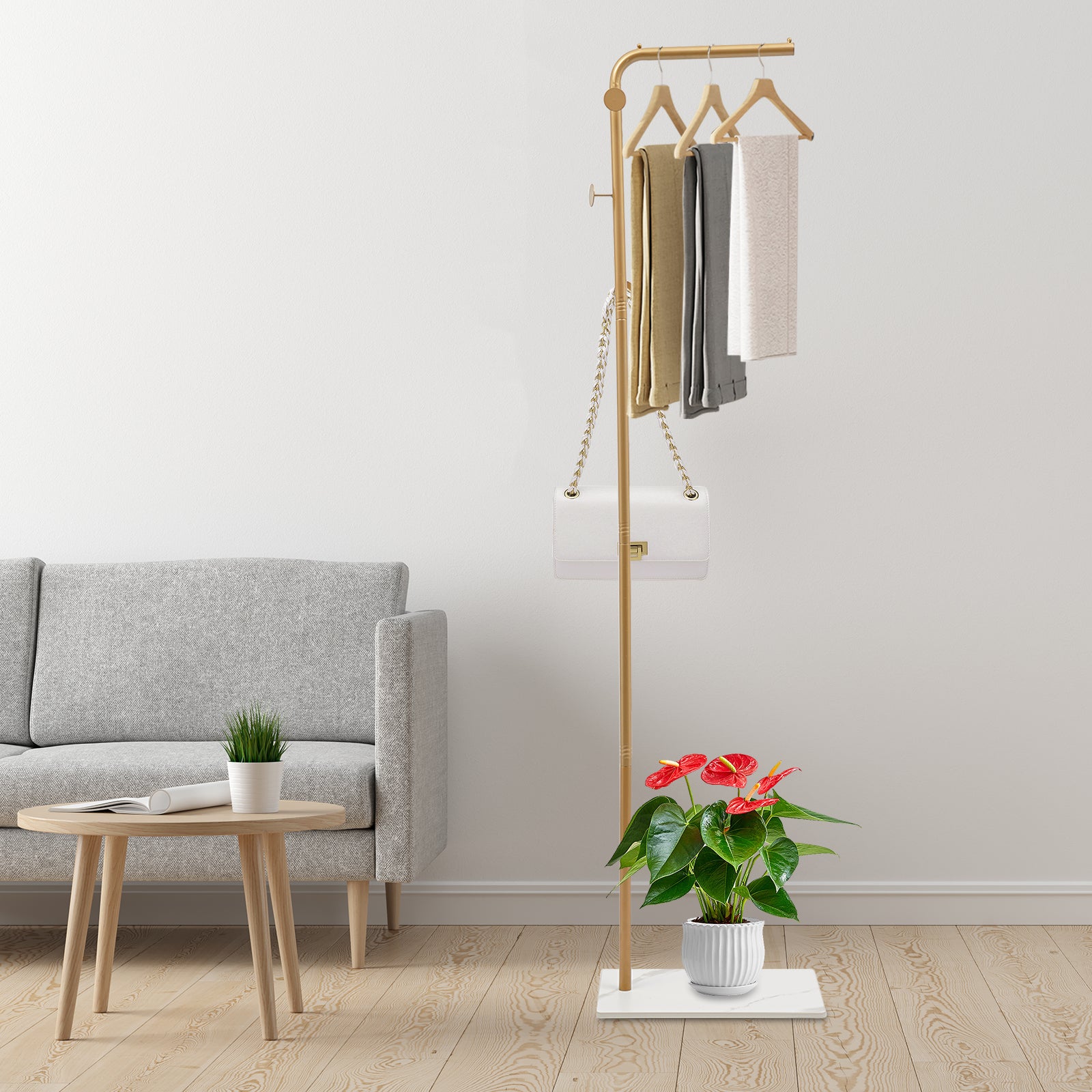170 cm hohe Garderobe, freistehende Garderobe, goldene Garderobe – goldene Halterung + weißer Sockel 170 cm hohe Garderobe, freistehende Garderobe, goldene Garderobe – goldene Halterung + weißer Sockel