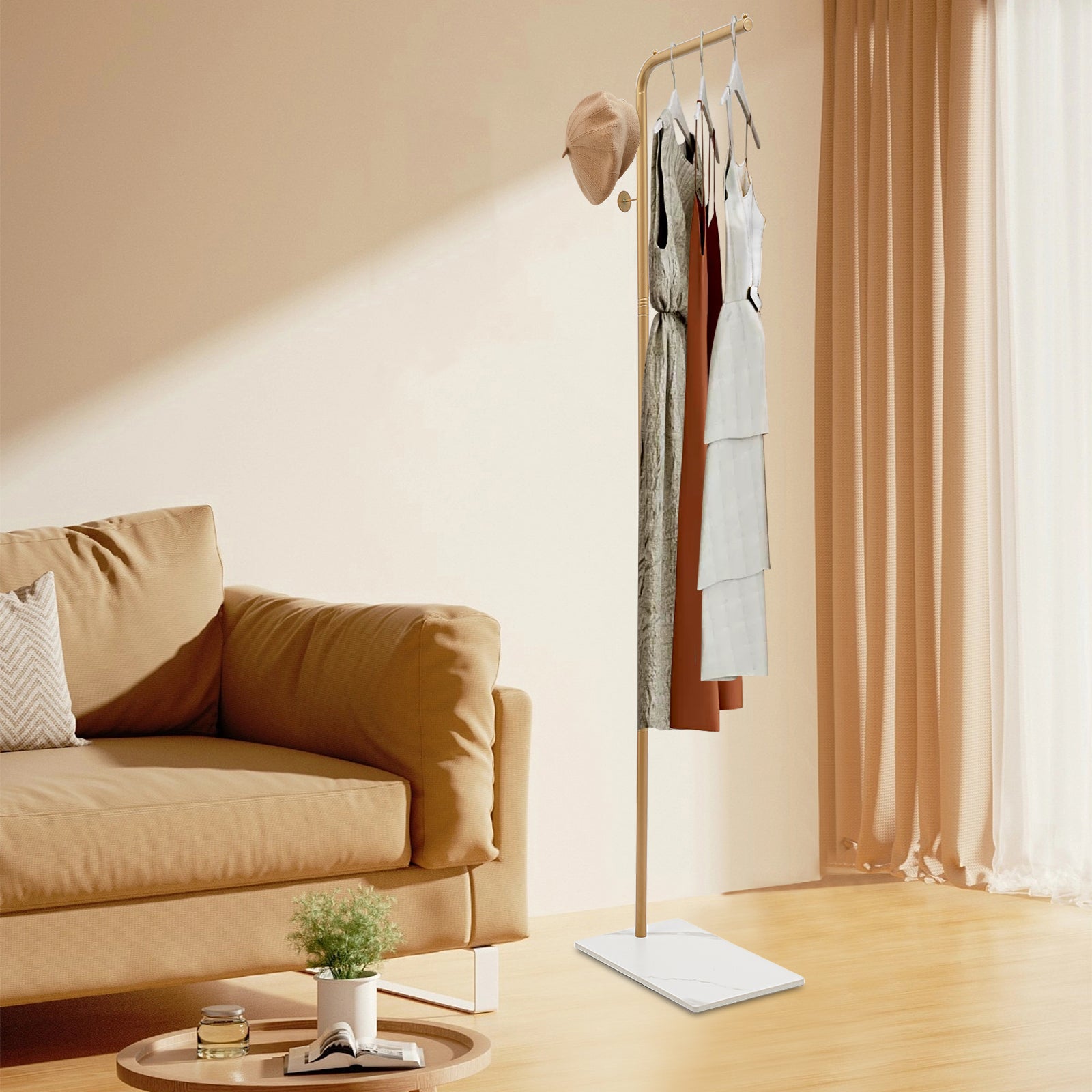 170 cm hohe Garderobe, freistehende Garderobe, goldene Garderobe – goldene Halterung + weißer Sockel 170 cm hohe Garderobe, freistehende Garderobe, goldene Garderobe – goldene Halterung + weißer Sockel