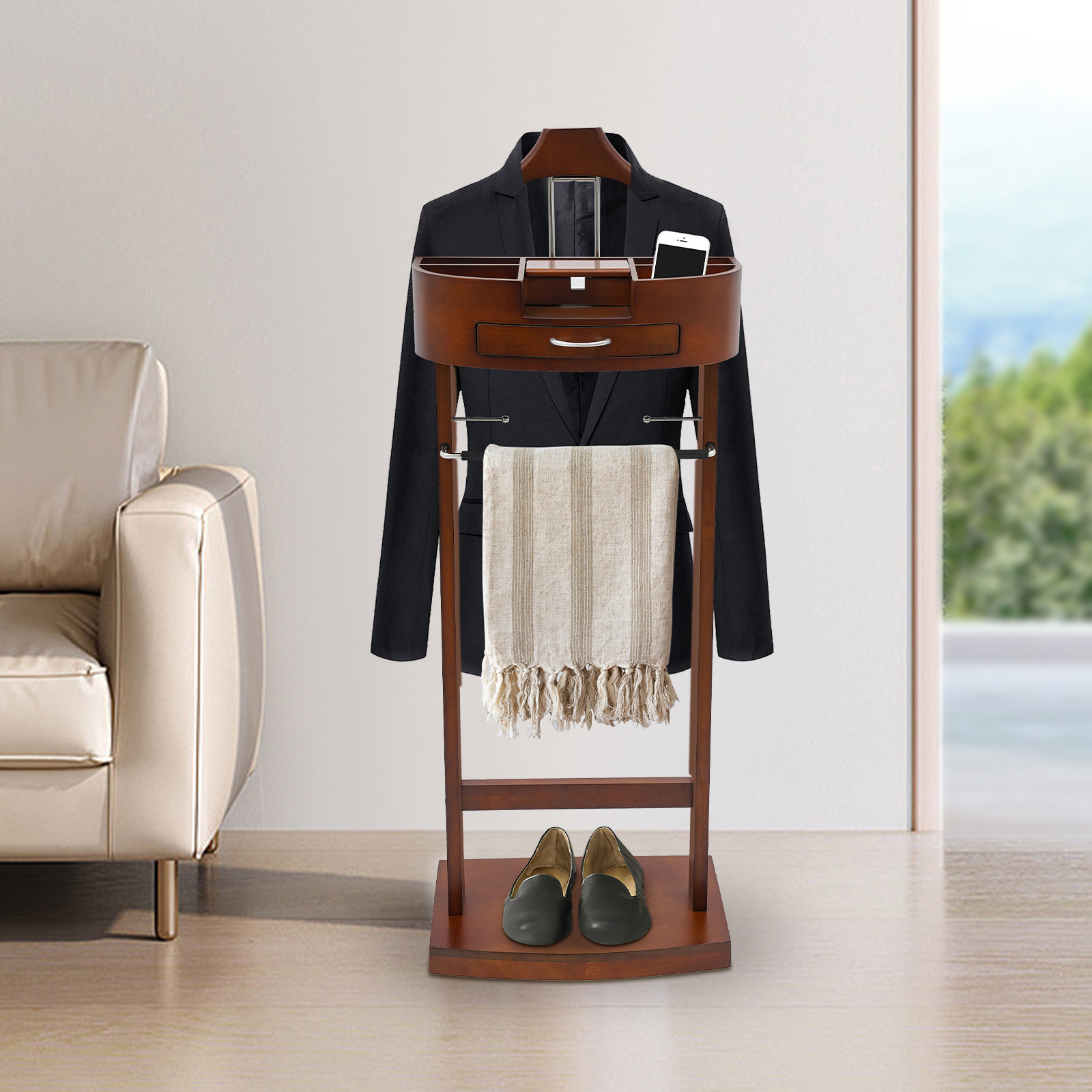 Wood Suit Rack, Freestanding Clothing Valet Stand, Valet Stand, Brown