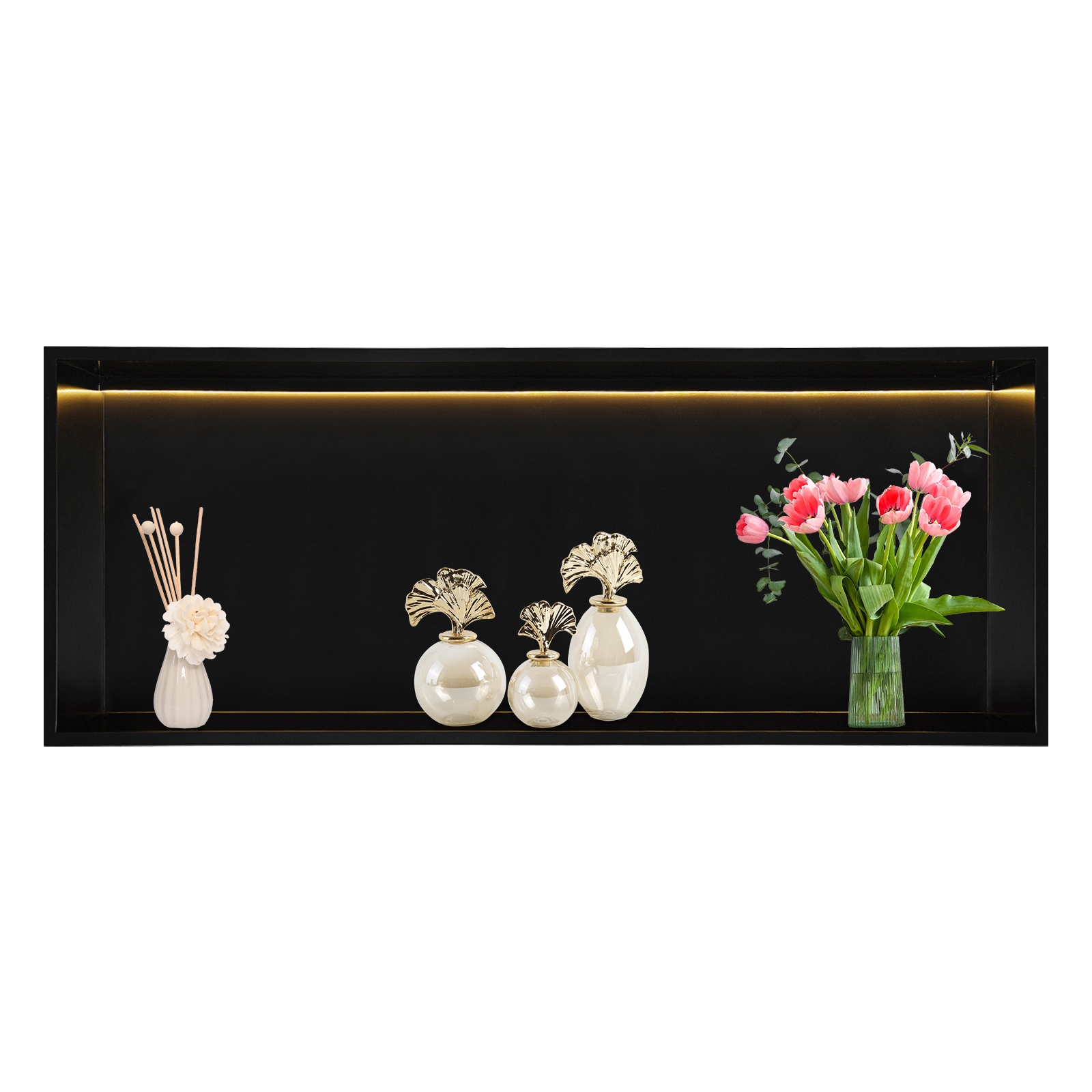 70cm Recessed Shower Shelf, Black Modern Recessed Storage Shelf, Recessed Shower Shelf with LED