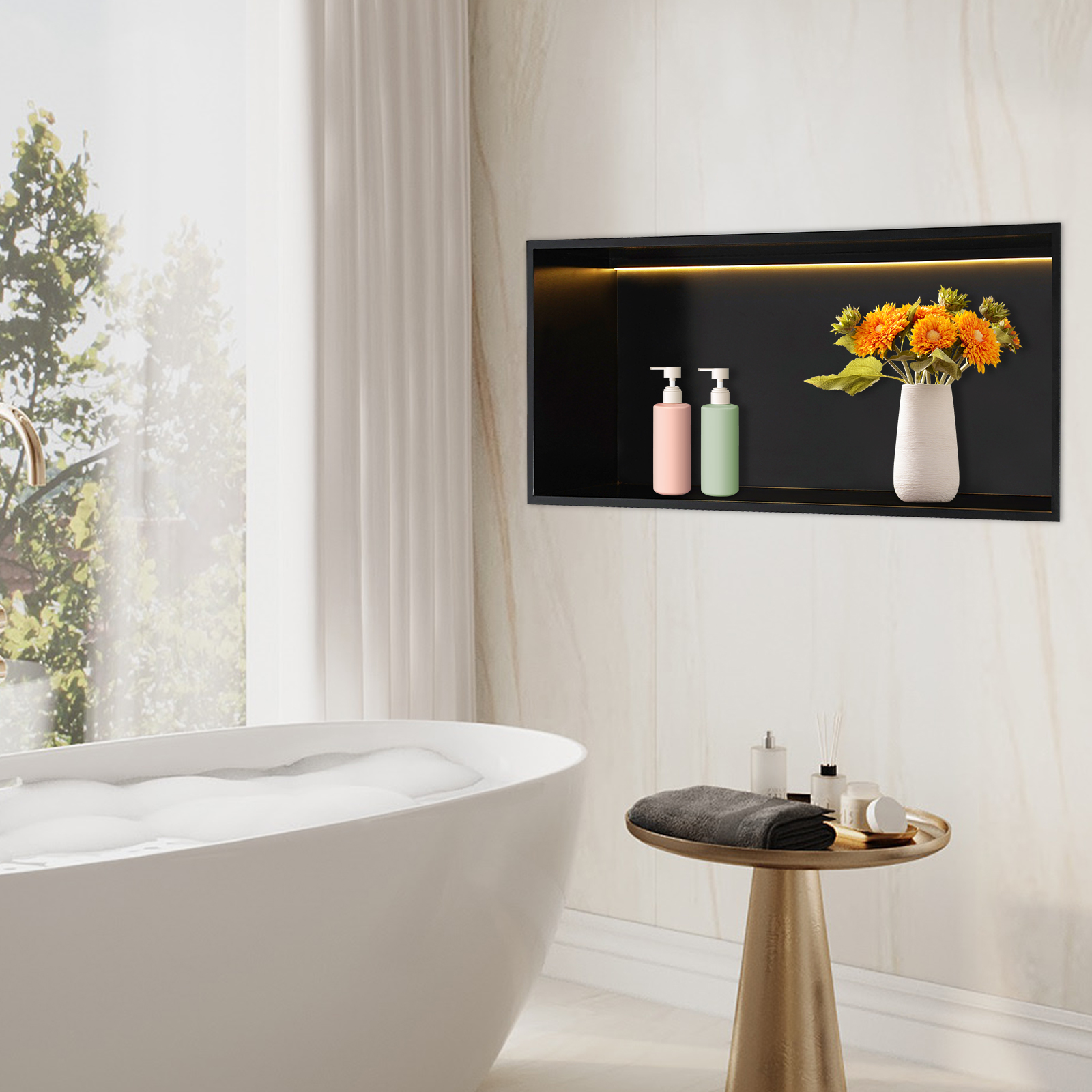 70cm Recessed Shower Shelf, Black Modern Recessed Storage Shelf, Recessed Shower Shelf with LED
