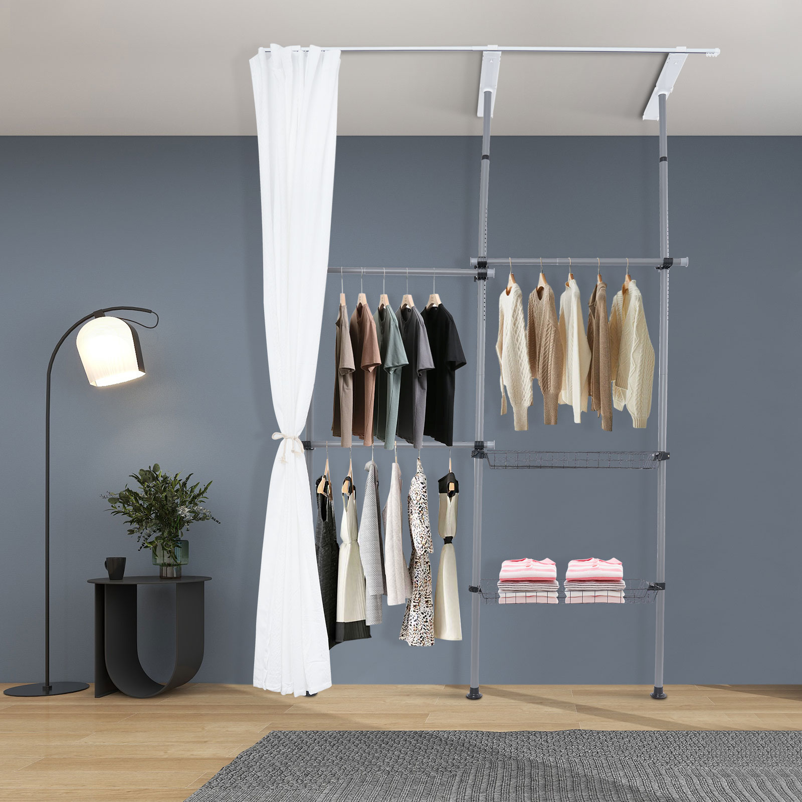 Open Wardrobe, Adjustable Clothes Rack with Curtain, Open Wardrobe with 3 Horizontal Clothes Rails & 2 Mesh Baskets - Gray
