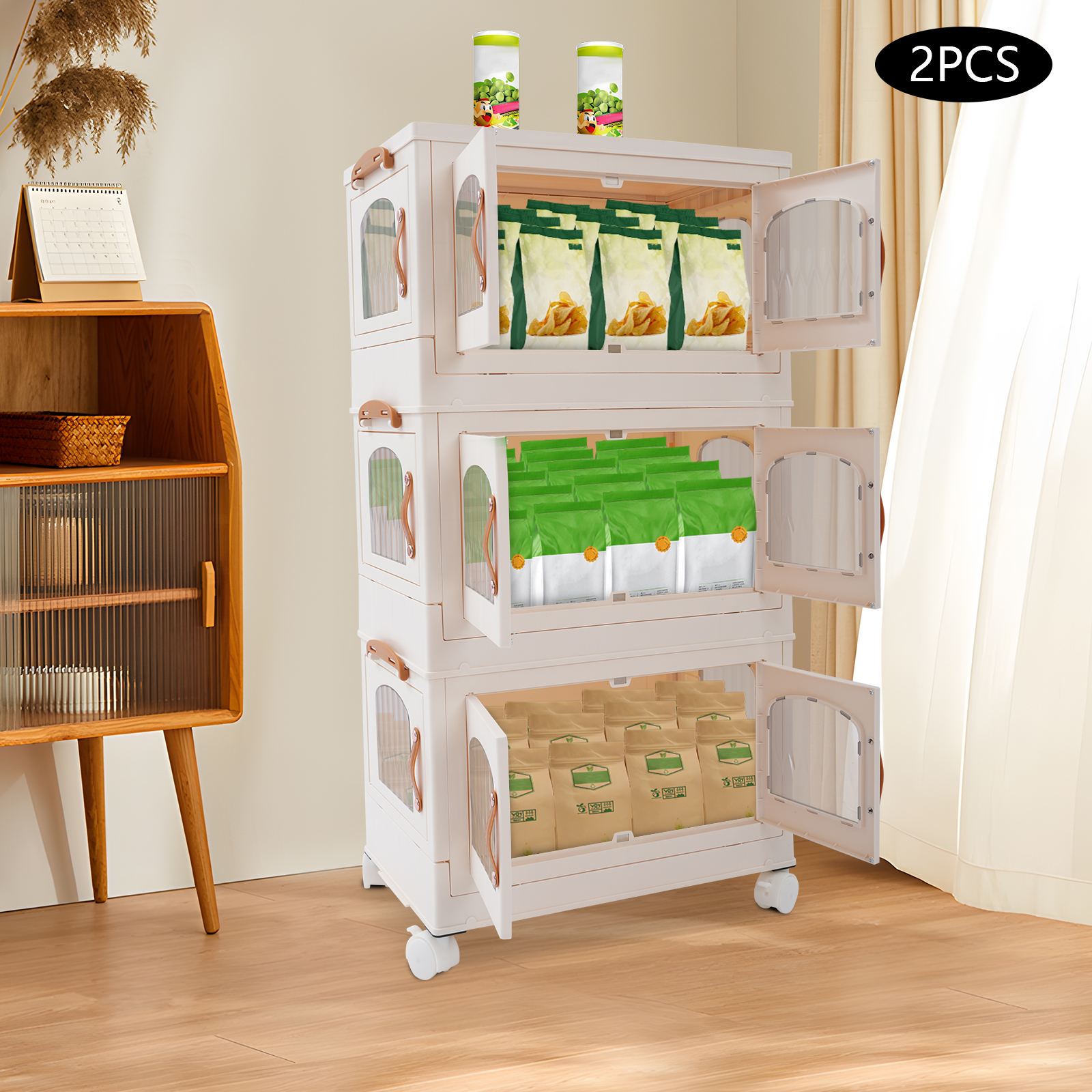 2-delige opvouwbare opbergbox, organizer met wielen, opvouwbare kast met 3 niveaus voor een slaapkamer of kinderkamer