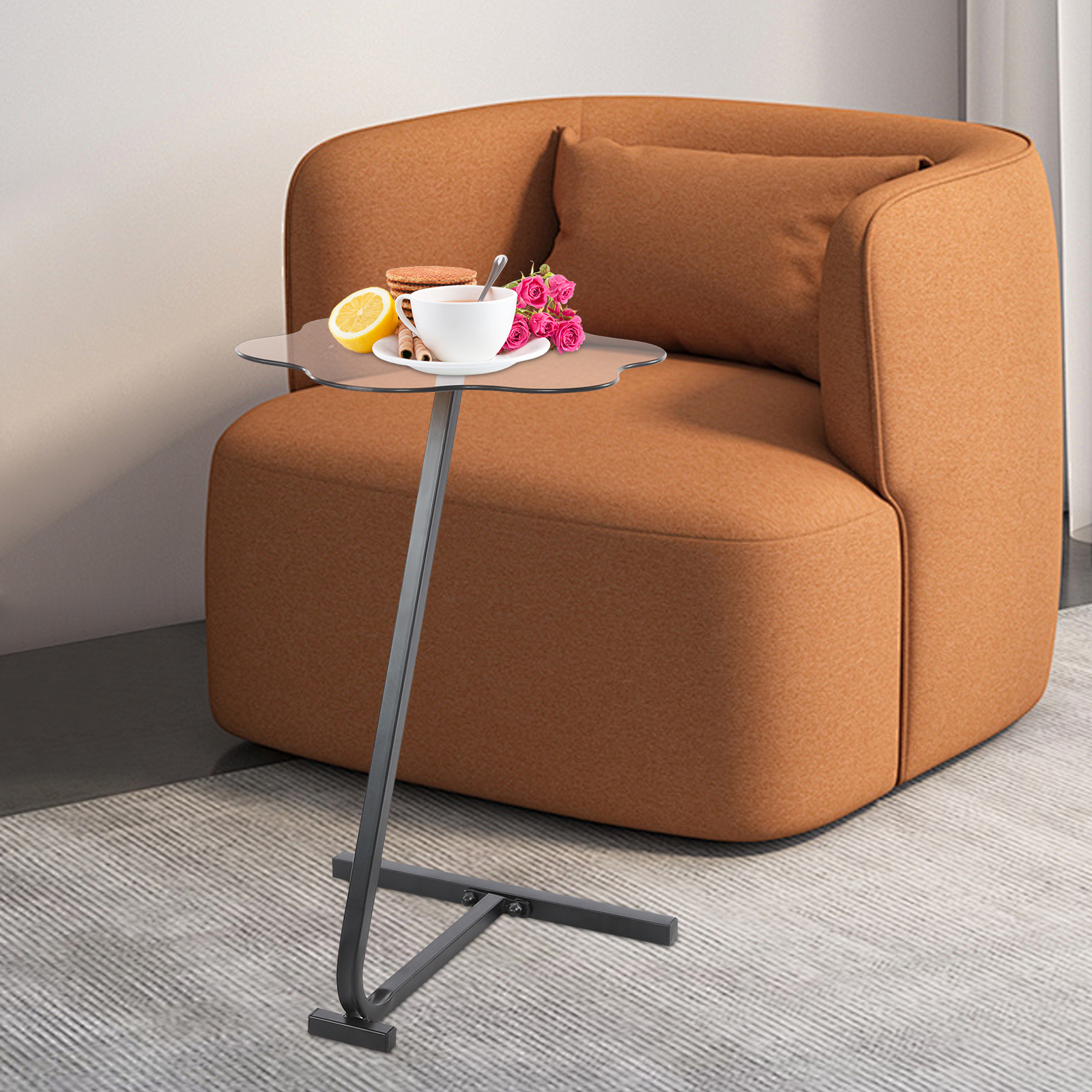 Upgraded Version Height 65 Black Frame + Flower Brown Tempered Glass Z-shaped Side Table for Living Room and Bedroom Upgraded Version Height 65 Black Frame + Flower Brown Tempered Glass Z-shaped Side Table for Living Room and Bedroom