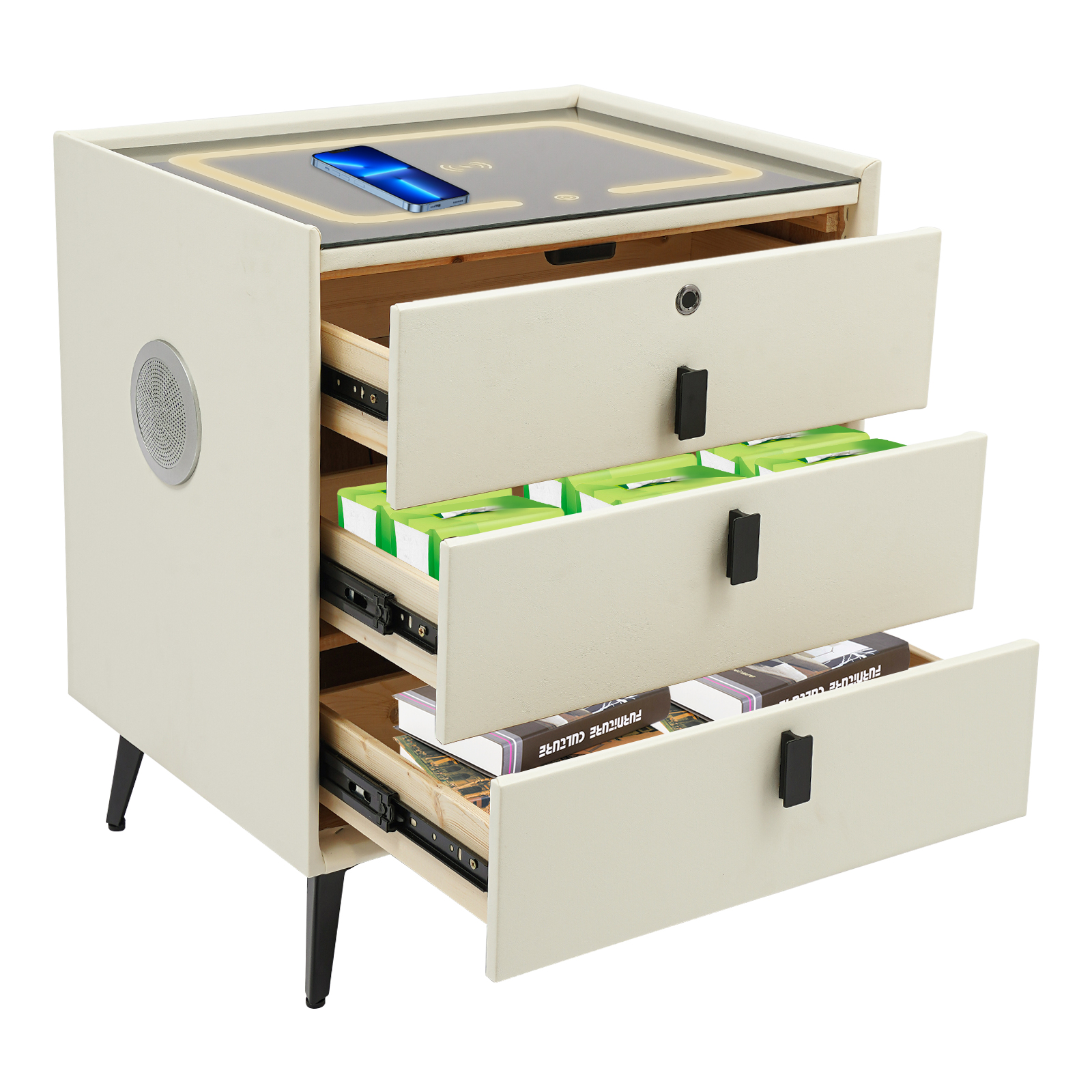 Slim nachtkastje met lades, driekleurige lamp, USB en draadloos opladen, vingerafdrukslot en Bluetooth-speaker - Beige Wit