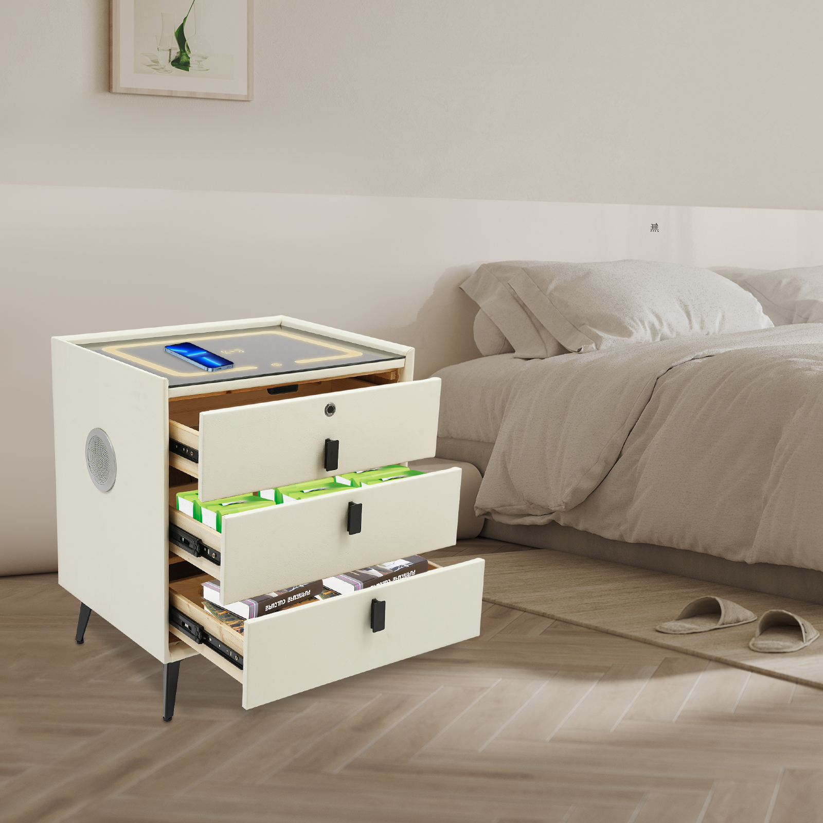 Slim nachtkastje met lades, driekleurige lamp, USB en draadloos opladen, vingerafdrukslot en Bluetooth-speaker - Beige Wit