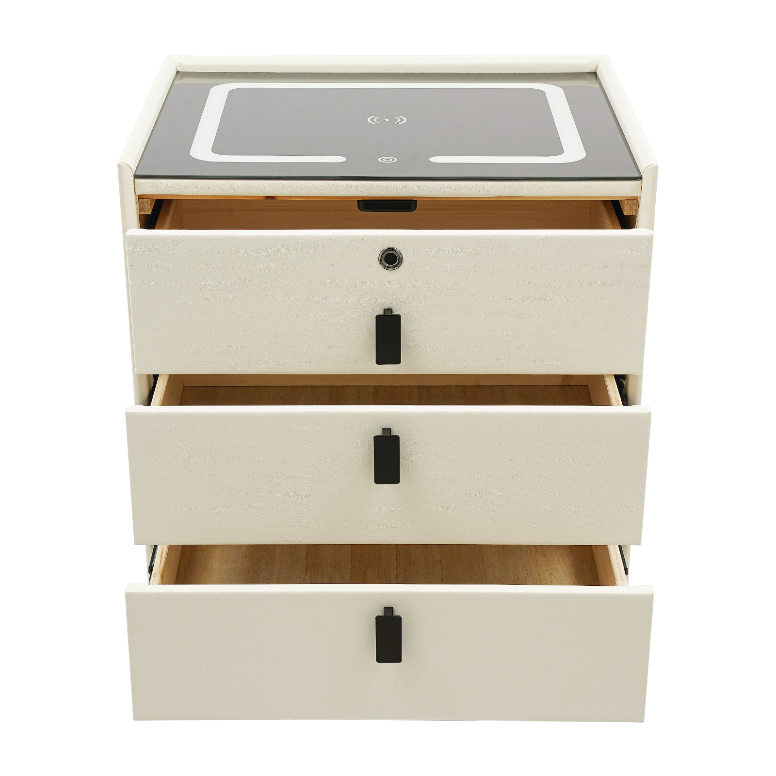 Slim nachtkastje met lades, driekleurige lamp, USB en draadloos opladen, vingerafdrukslot en Bluetooth-speaker - Beige Wit Slim nachtkastje met lades, driekleurige lamp, USB en draadloos opladen, vingerafdrukslot en Bluetooth-speaker - Beige Wit