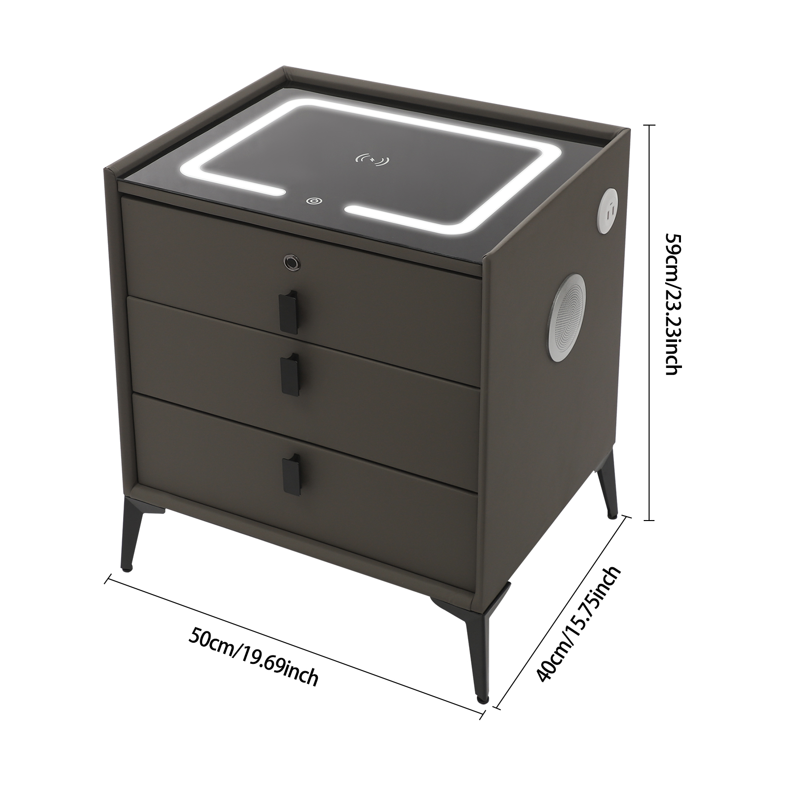 Slim nachtkastje met lades, driekleurige lamp, USB en draadloos opladen, vingerafdrukslot en Bluetooth-speaker - donkergrijs Slim nachtkastje met lades, driekleurige lamp, USB en draadloos opladen, vingerafdrukslot en Bluetooth-speaker - donkergrijs