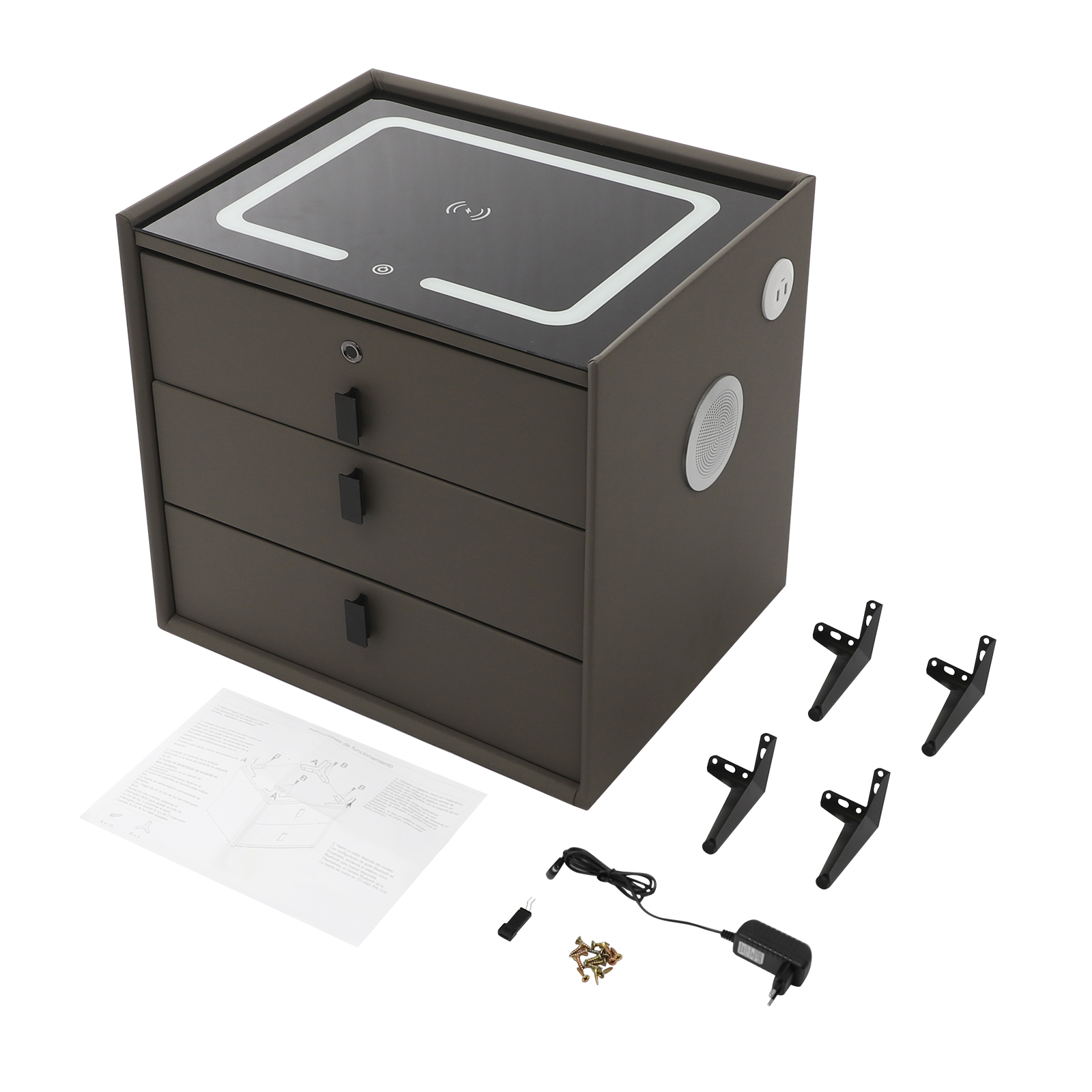 Slim nachtkastje met lades, driekleurige lamp, USB en draadloos opladen, vingerafdrukslot en Bluetooth-speaker - donkergrijs