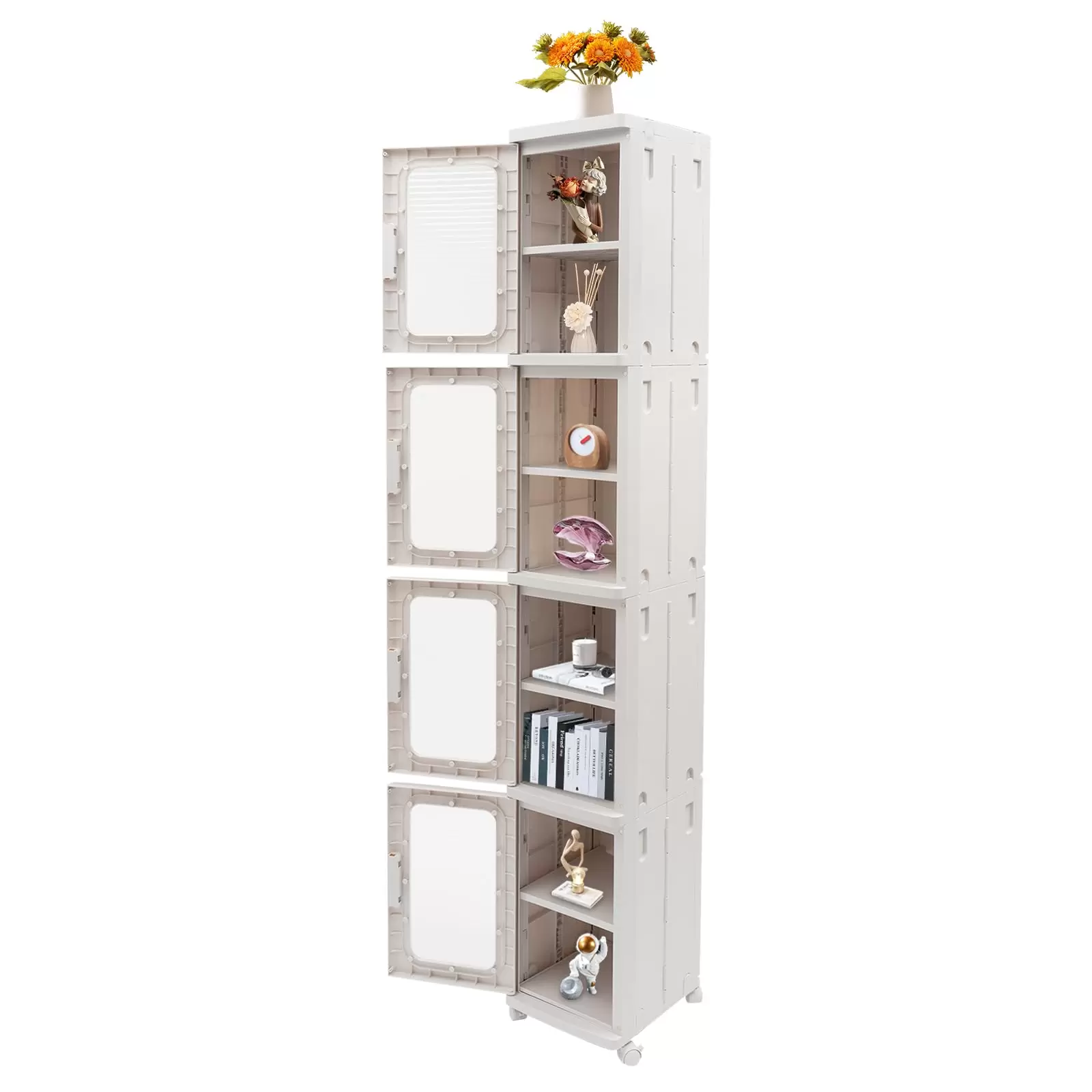 CNCEST Weiß 4-Ebenen Aufbewahrungsbox mit Deckel, Faltbare Aufbewahrungsboxen mit Rollen 24.5 x 28.5 x 166cm
