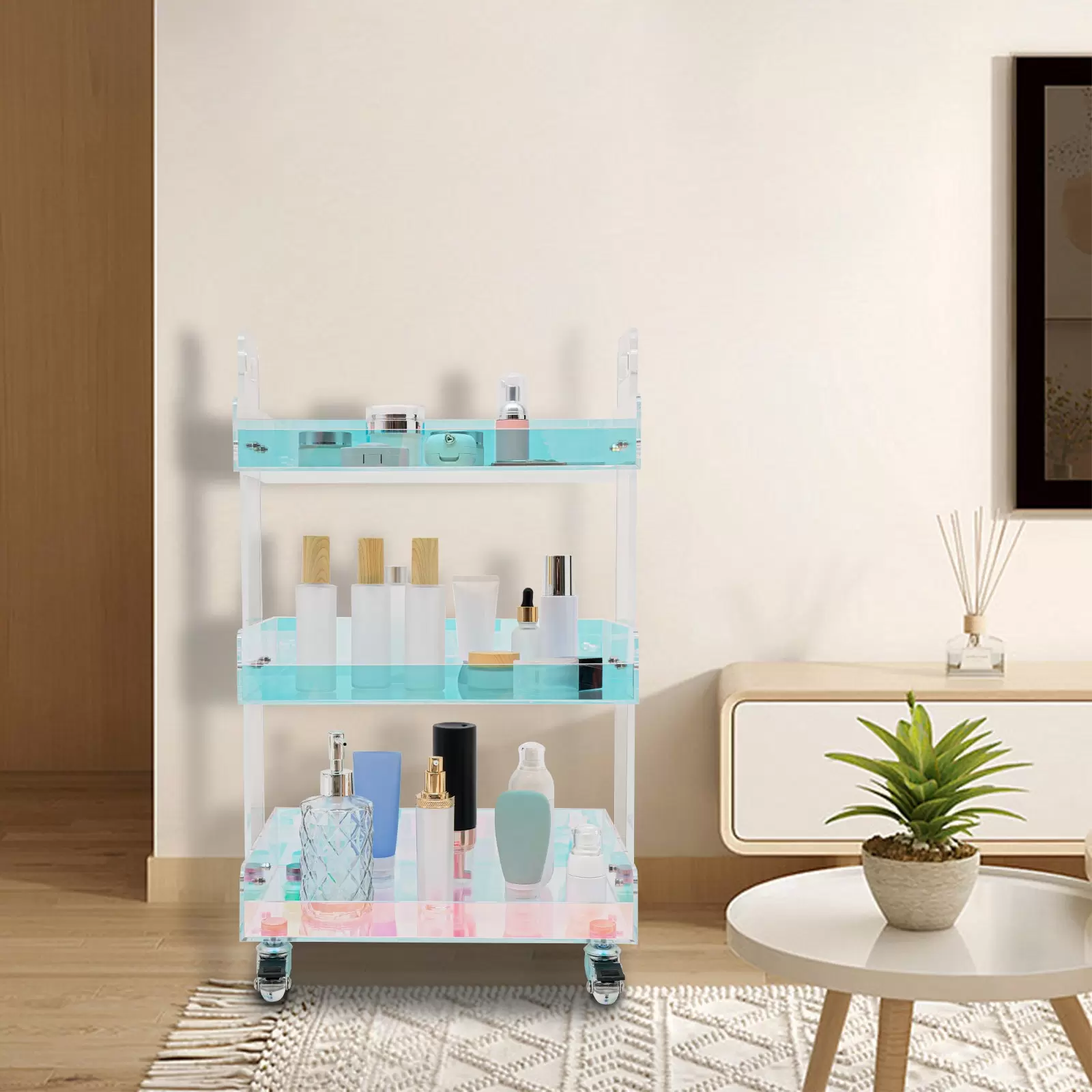 Aufbewahrungswagen 3-Etagen Acryl Rollwagen Beistelltisch mit Rollen Multifunktionstisch für Wohnzimmer, Arbeitszimmer, Schlafzimmer