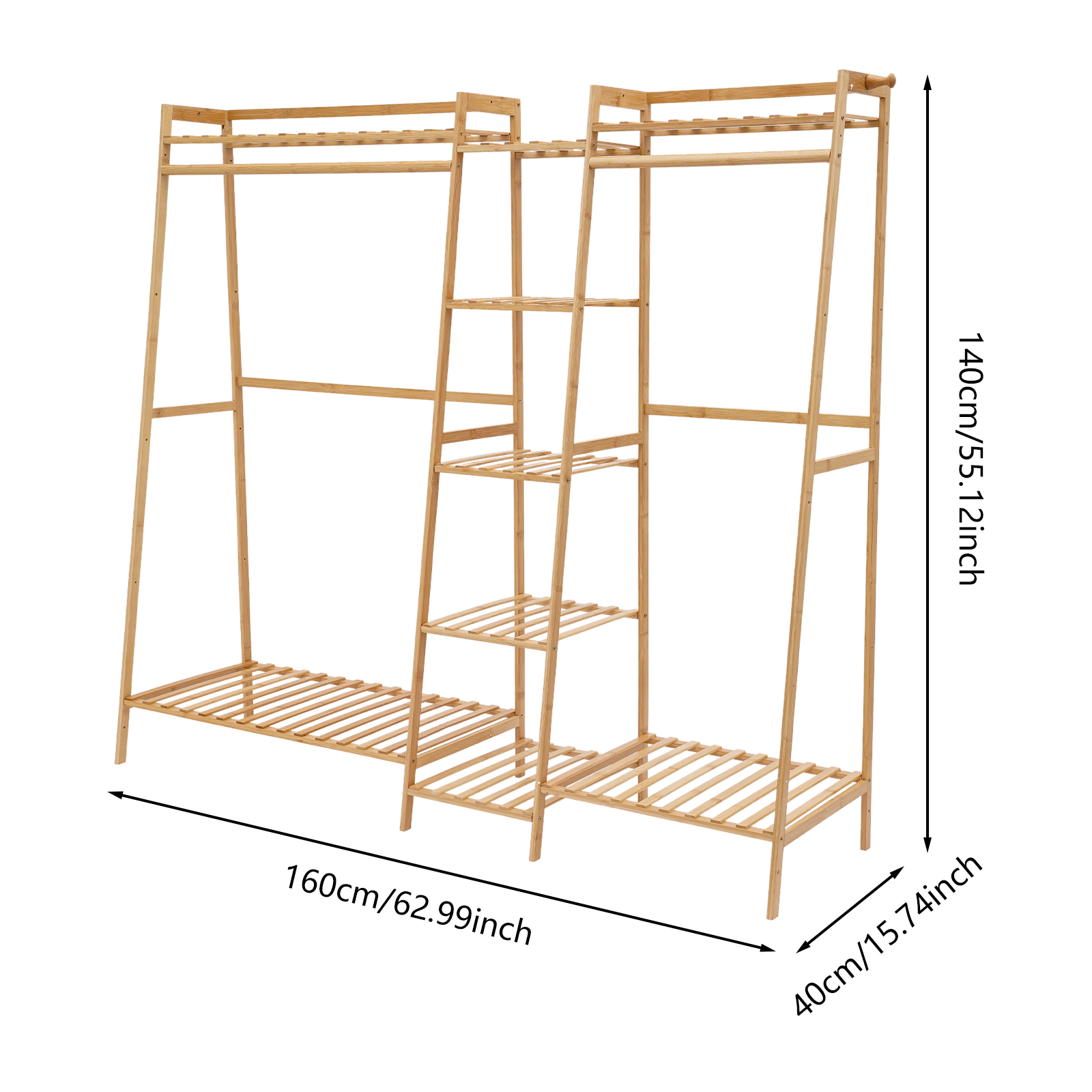 Kledingrek, trapeziumvormige kapstok, staande kledingrek (160x40x140 cm) - Houtkleur