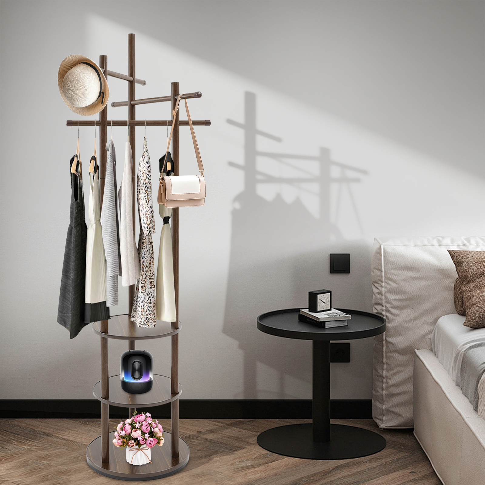 Drehbarer Kleiderständer, freistehender Garderobenständer für Kleidung und Hüte in Nussbaumfarbe, natürlicher Stil mit MDF Massivholz Kunststoff