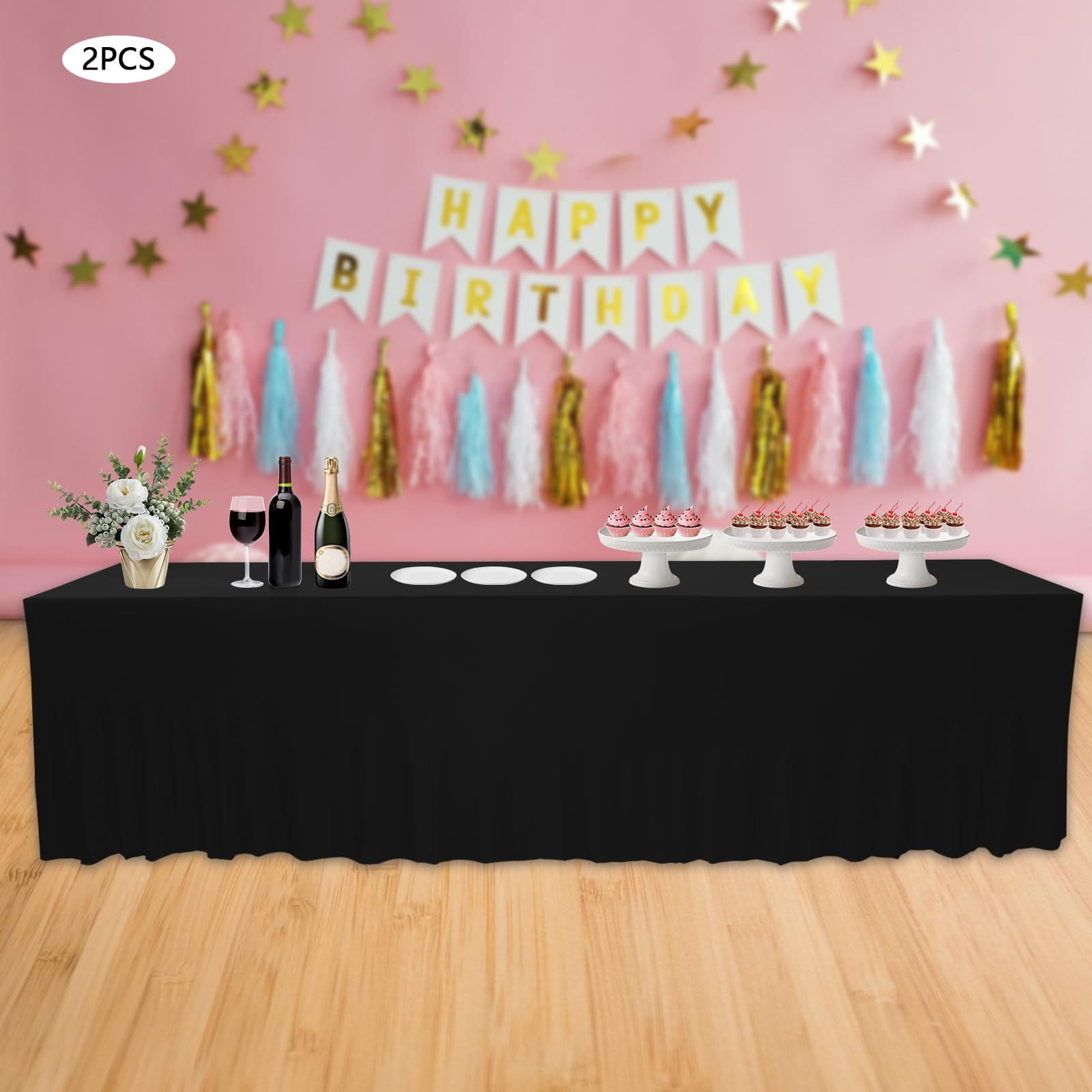 Set mit 2 rechteckigen Tischdecken mit Rüschen für Hochzeiten, Partys, Bankette, Esszimmer, 243,8 x 76,2 cm, Schwarz