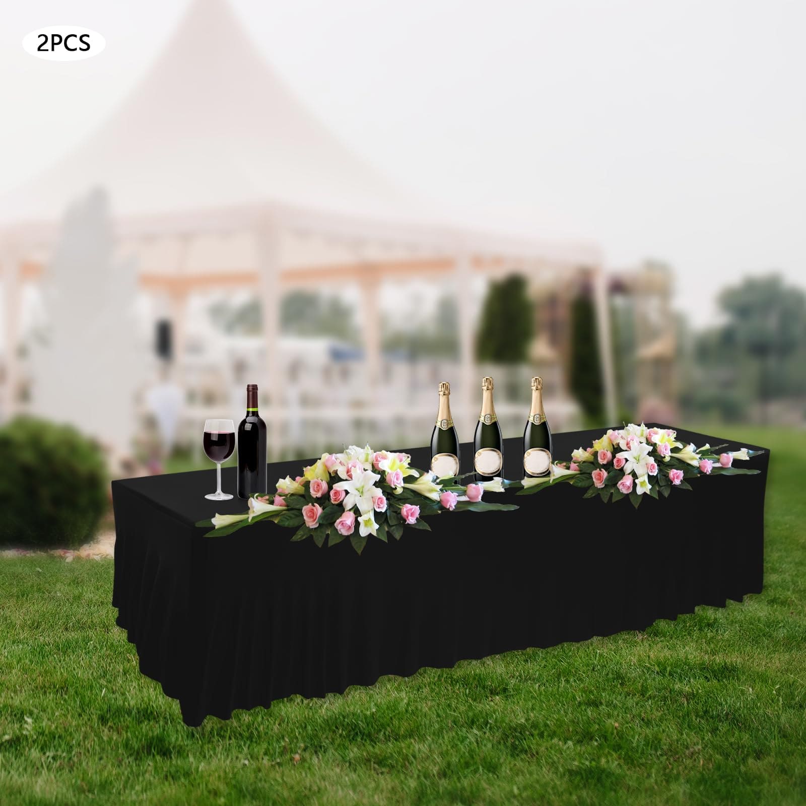 Set mit 2 rechteckigen Tischdecken mit Rüschen für Hochzeiten, Partys, Bankette, Esszimmer, 243,8 x 76,2 cm, Schwarz