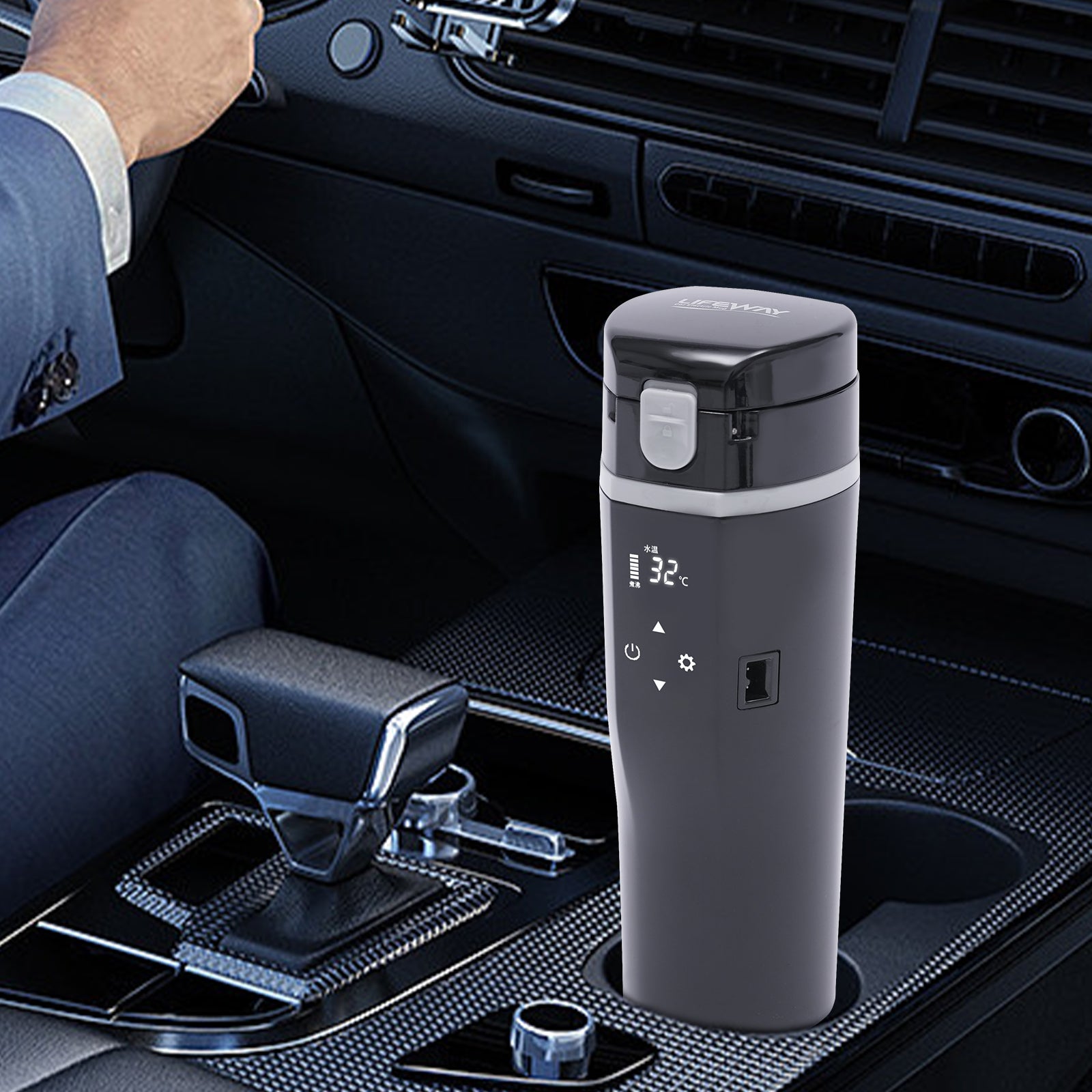 Elektrischer Reisewasserkocher 24 V/12 V für Auto/LKW, 500 ml selbsterhitzender Becher mit Anti-Rühr-Deckel, auslaufsicher, Auskleidung aus Edelstahl 304, tragbarer Kaffee-/Teebecher, bis zu 100 °C, Thermoskanne mit variabler Temperatur