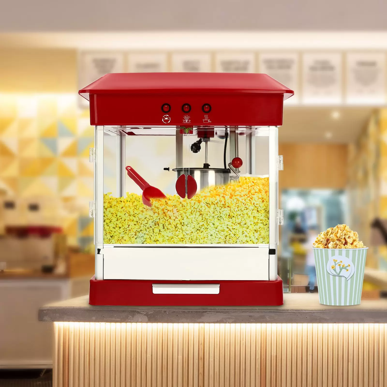 Popcornmaschine Profi Popcorn im Edelstahltopf Maispflücker 800W 220V Rot
