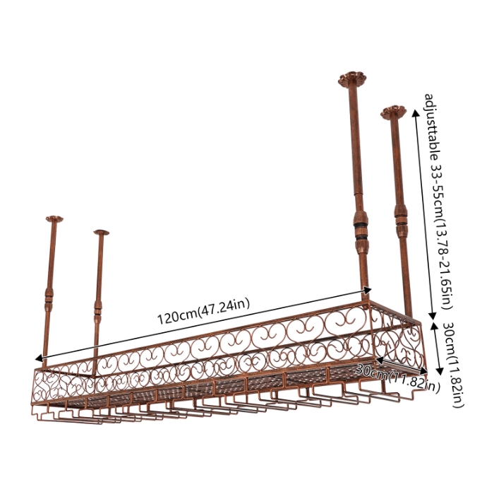 Flaschenregal zum Aufhängen, 120 cm, Karbonstahl, maximale Tragkraft 50 kg, bietet Platz für 24–36 Tassen, Bronze