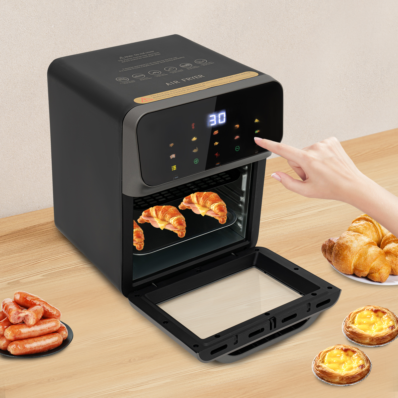 Elektrobackofen mit LCD-Touchscreen, Backofen mit Sichtfunktion, Elektrobackofen, schwarz