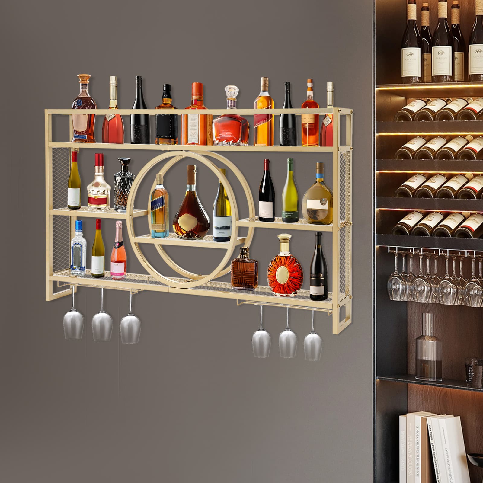 Wine cabinet display rack wall mounted detachable type 140x15x80cm gold, wall mounted wine rack, wine bottle and wine glass rack