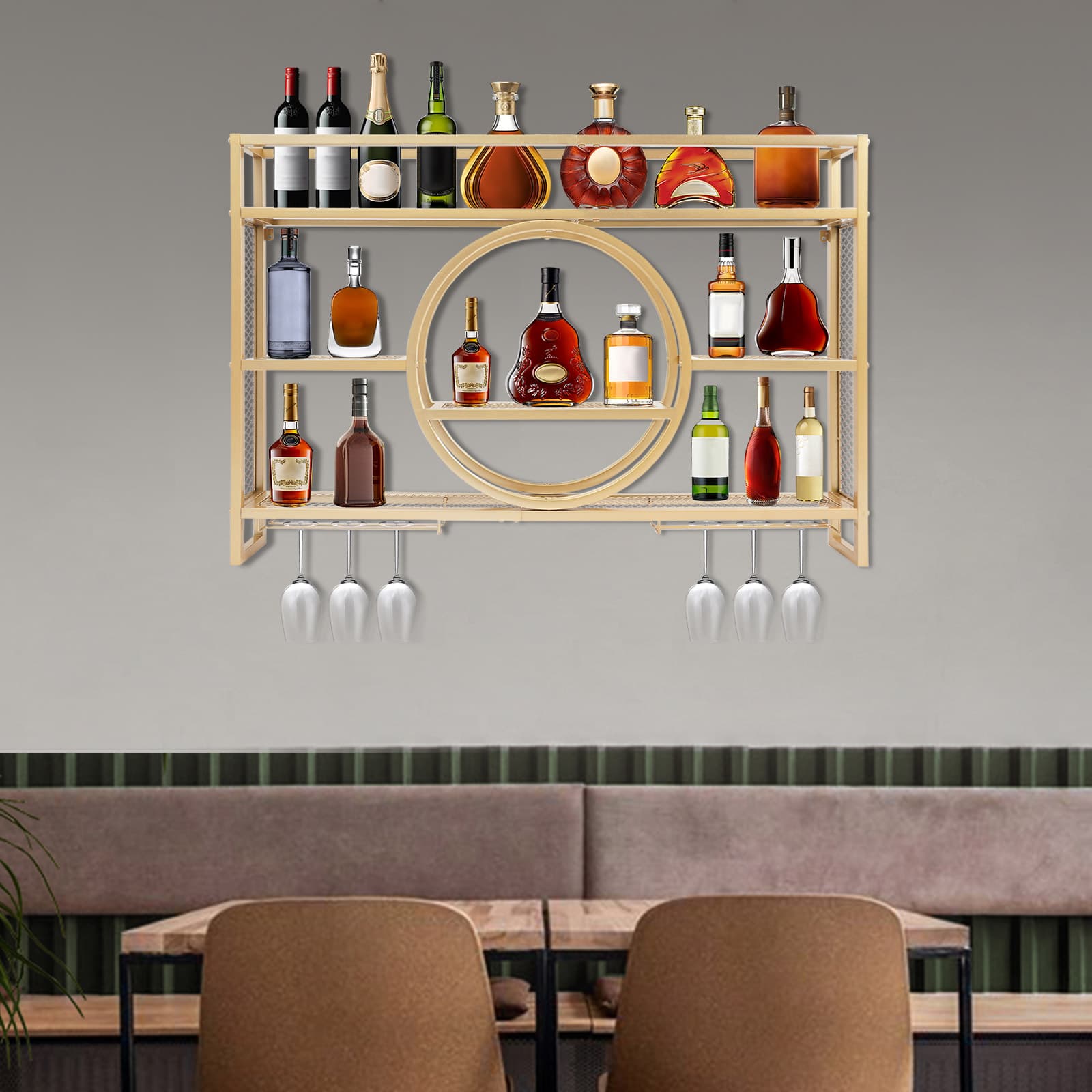 Weinschrank-Präsentationsregal zur Wandmontage, abnehmbar, 120 x 15 x 80 cm, goldfarben, Weinregal zur Wandmontage, Weinflaschen- und Weinglasregal