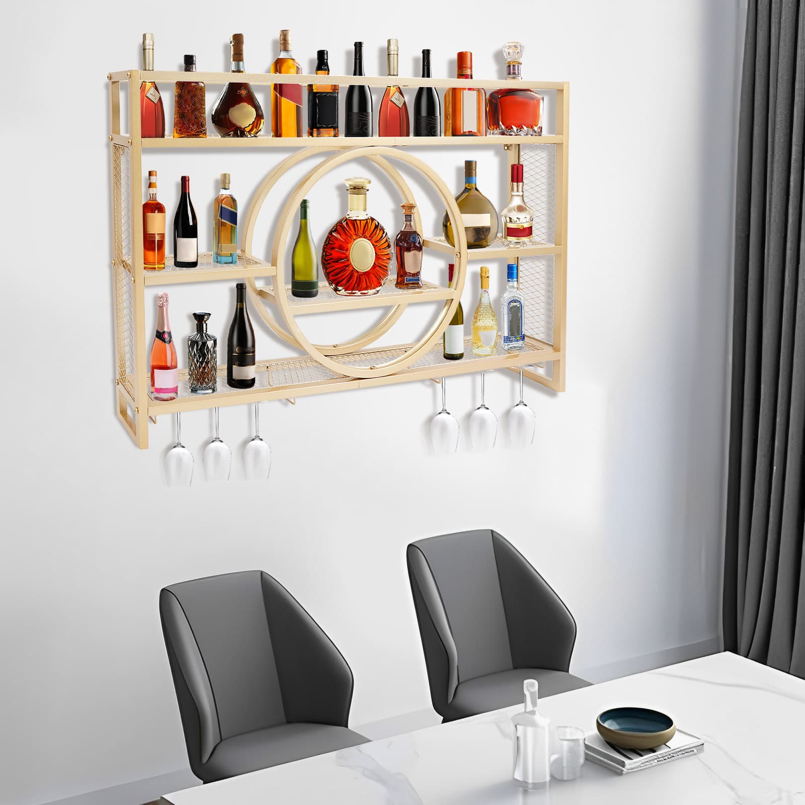 Weinschrank-Präsentationsregal zur Wandmontage, abnehmbar, 120 x 15 x 80 cm, goldfarben, Weinregal zur Wandmontage, Weinflaschen- und Weinglasregal