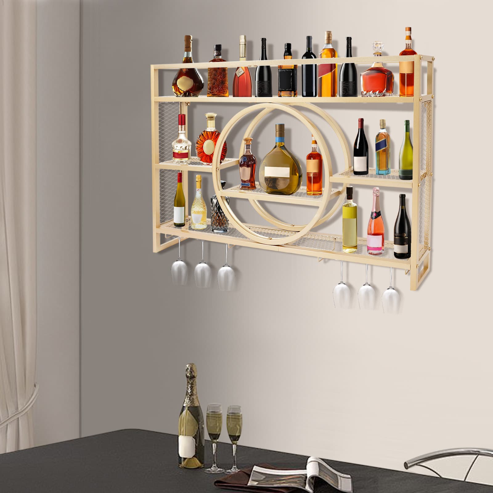 Weinschrank-Präsentationsregal zur Wandmontage, abnehmbar, 120 x 15 x 80 cm, goldfarben, Weinregal zur Wandmontage, Weinflaschen- und Weinglasregal